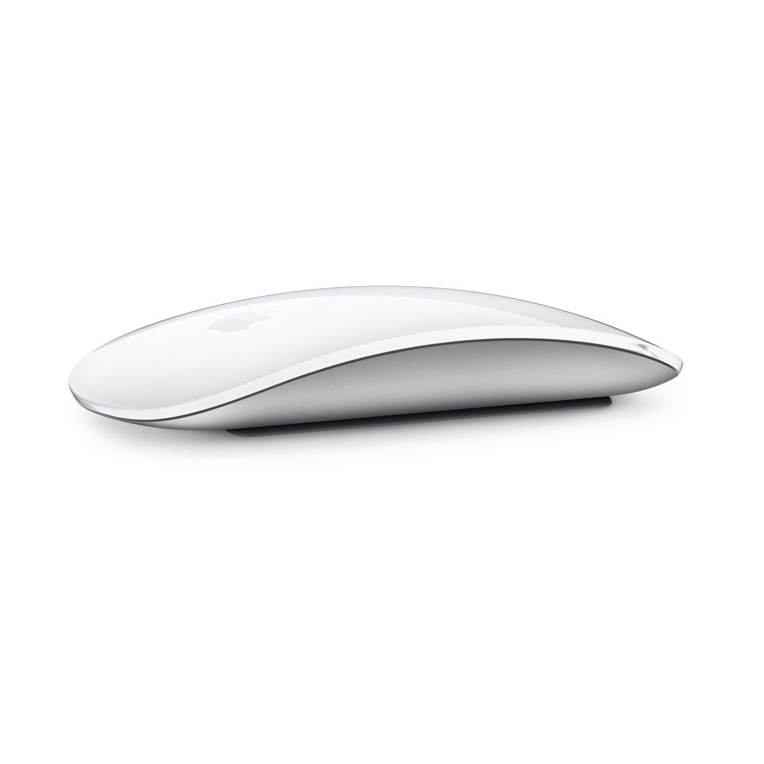 A white Apple Magic Mouse on a white background. It has a silver bottom.