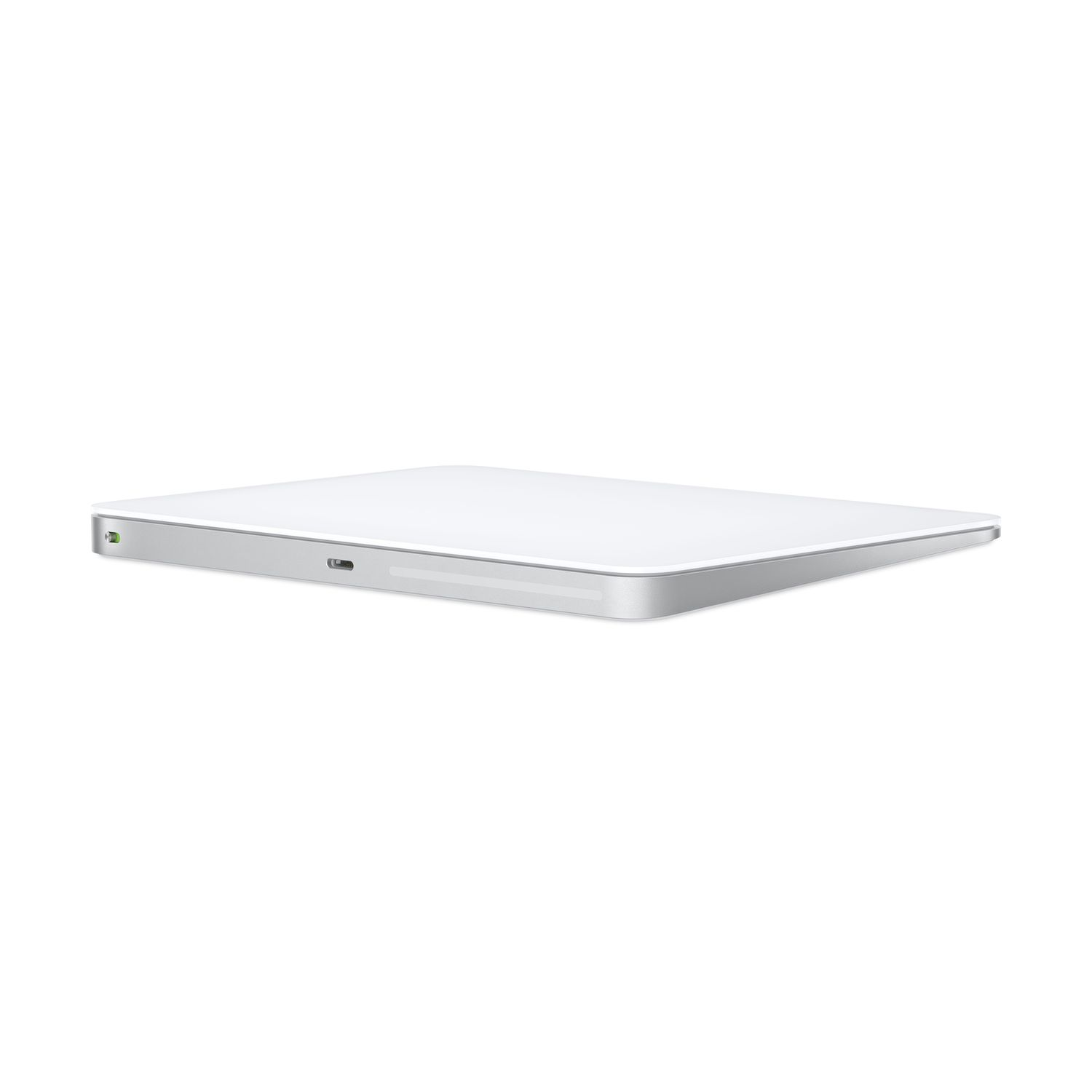 White Apple Magic Trackpad on a white background, showing the surface and edge.
