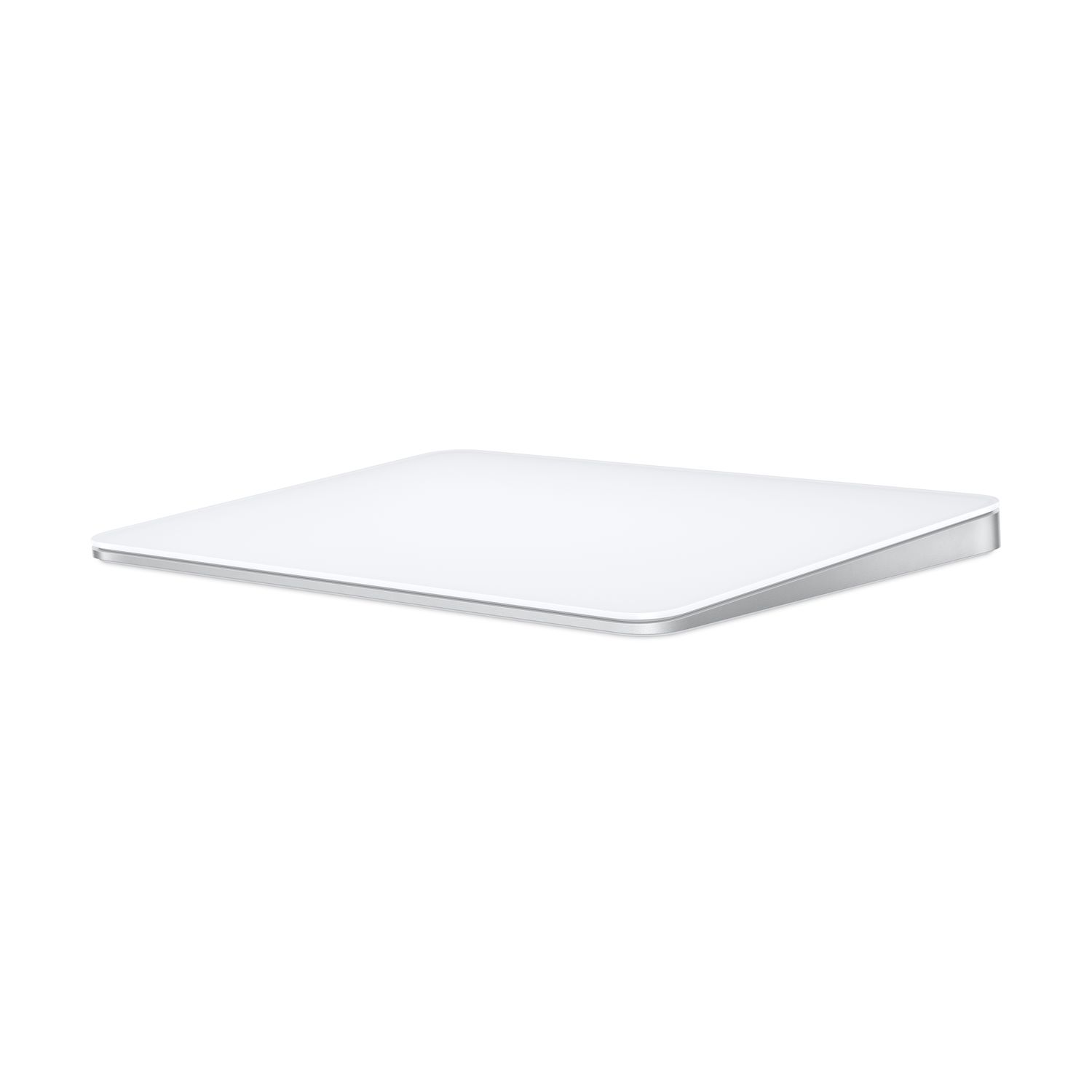 A white Magic Trackpad with a silver edge on a white background.