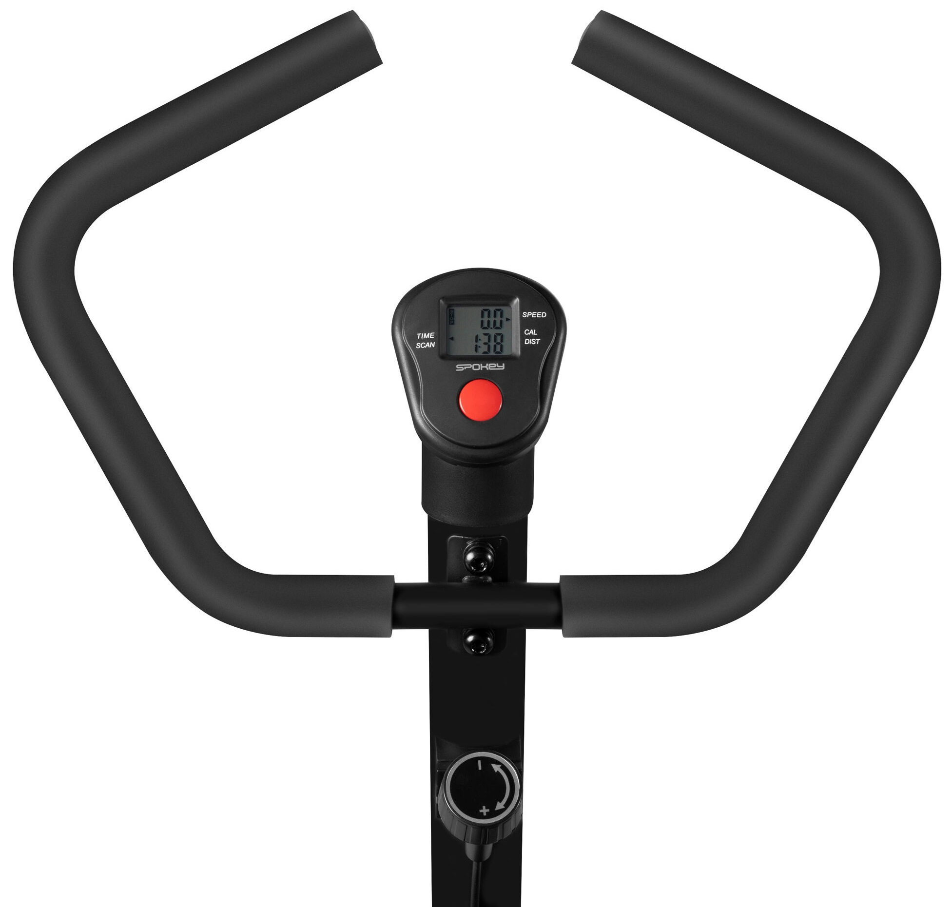 Kierownica i wyświetlacz roweru treningowego, pokazujące czas, prędkość i inne wskaźniki treningu.