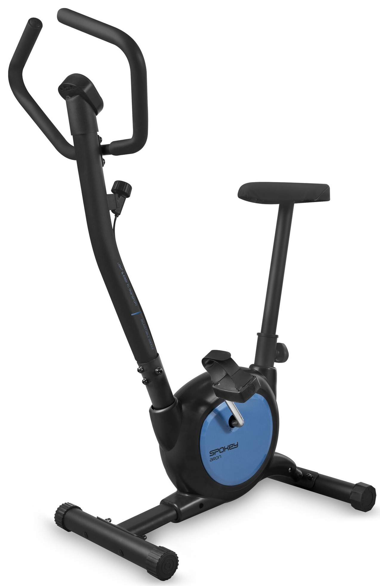 Czarny stacjonarny rower treningowy z niebieskim kołem i ekranem.