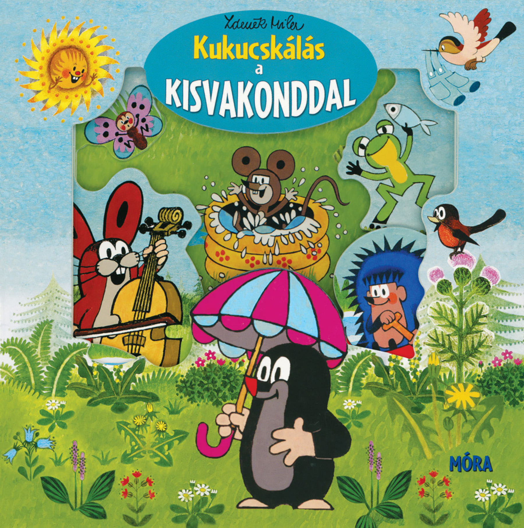 Egy rajzfilm illusztráció egy könyvborítóról, napocskával, egérrel és más rajzfilmfigurákkal.