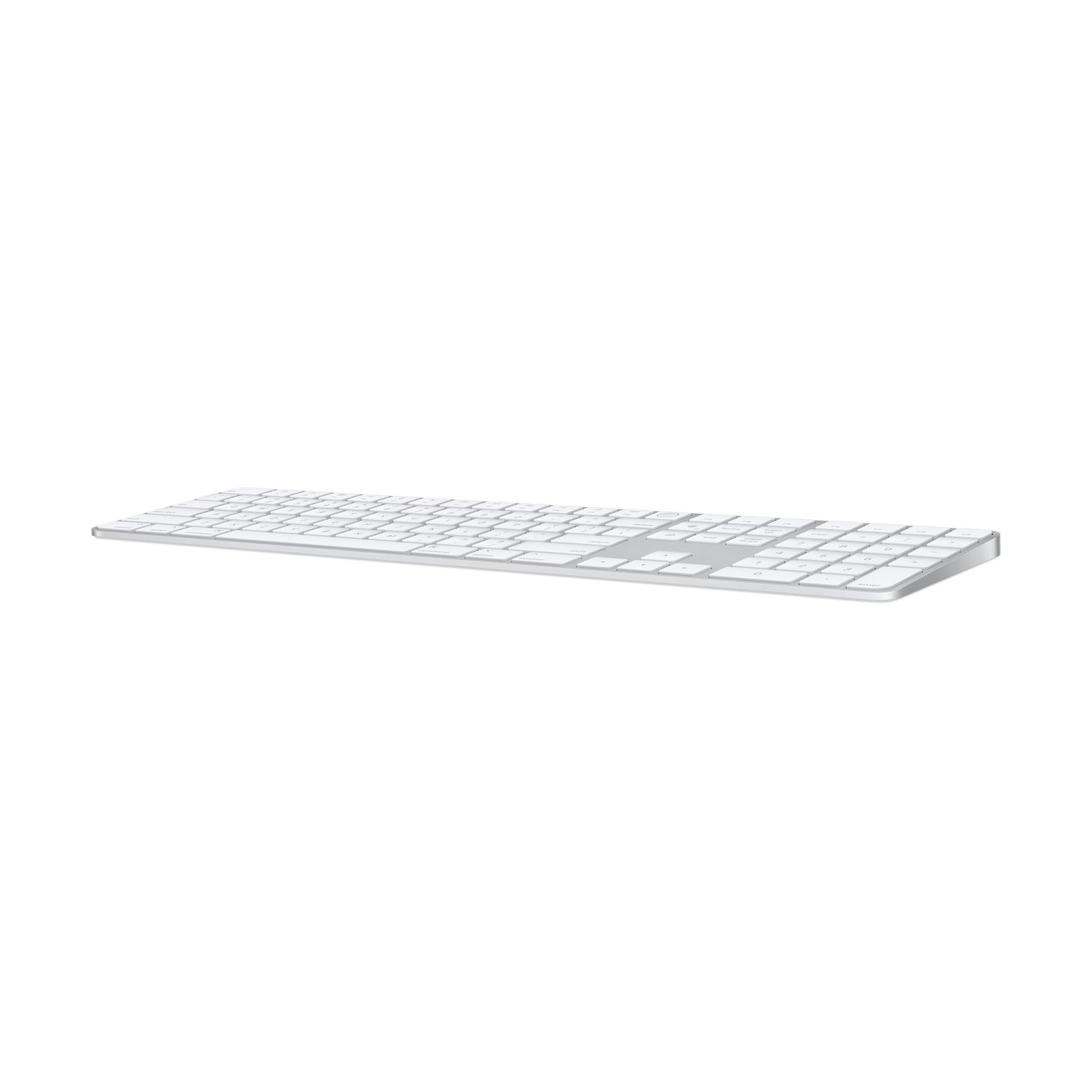 Apple Magic Keyboard in silver, lying flat on a white surface.