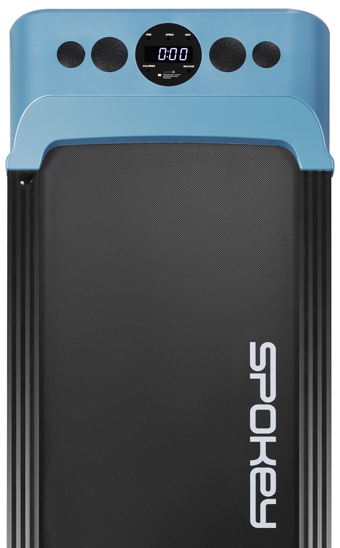 Czarna i niebieska bieżnia. Ma wyświetlacz i napis 'SPOKEY'.