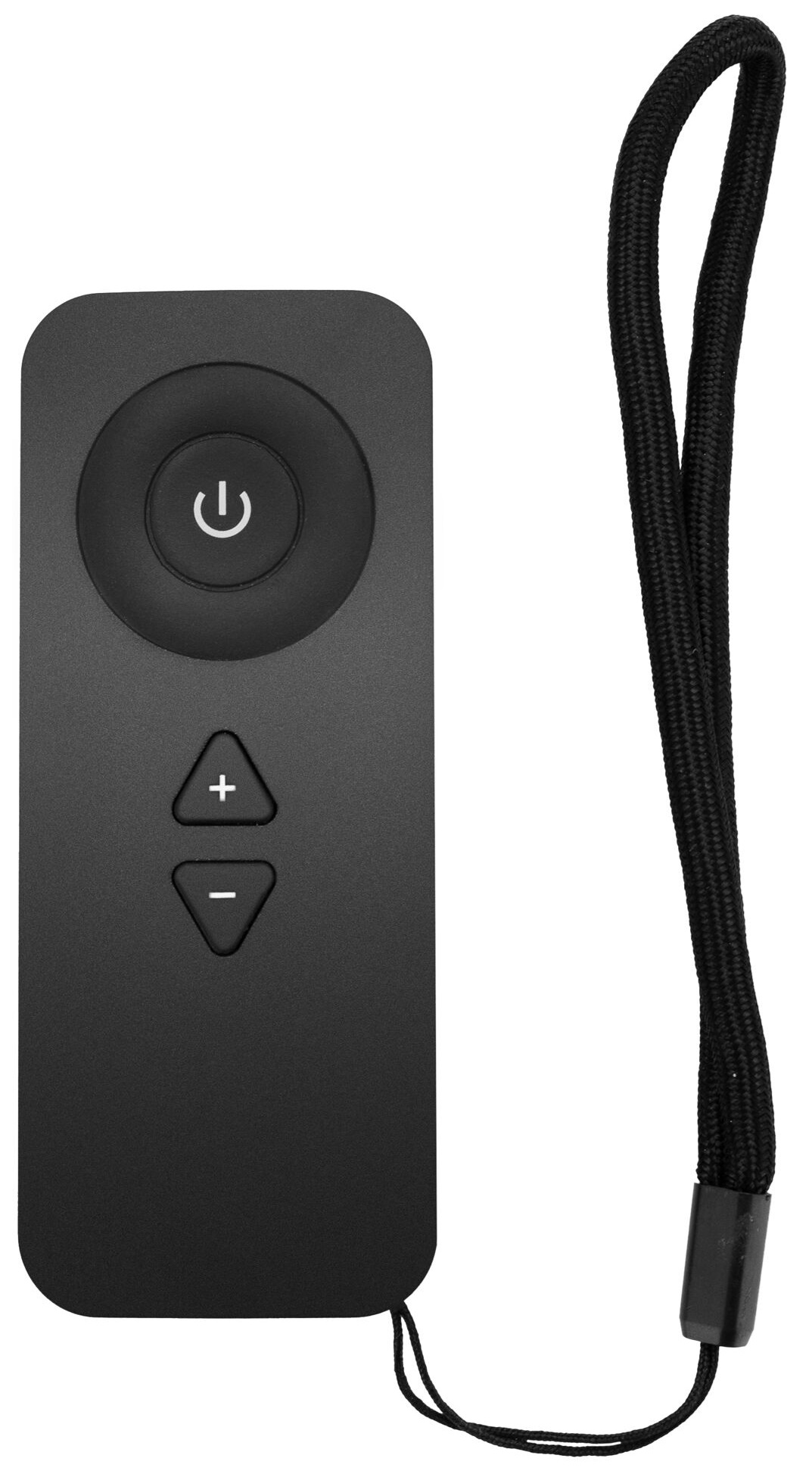 Czarny pilot z przyciskami zasilania i głośności. Dołączony pasek na nadgarstek.
