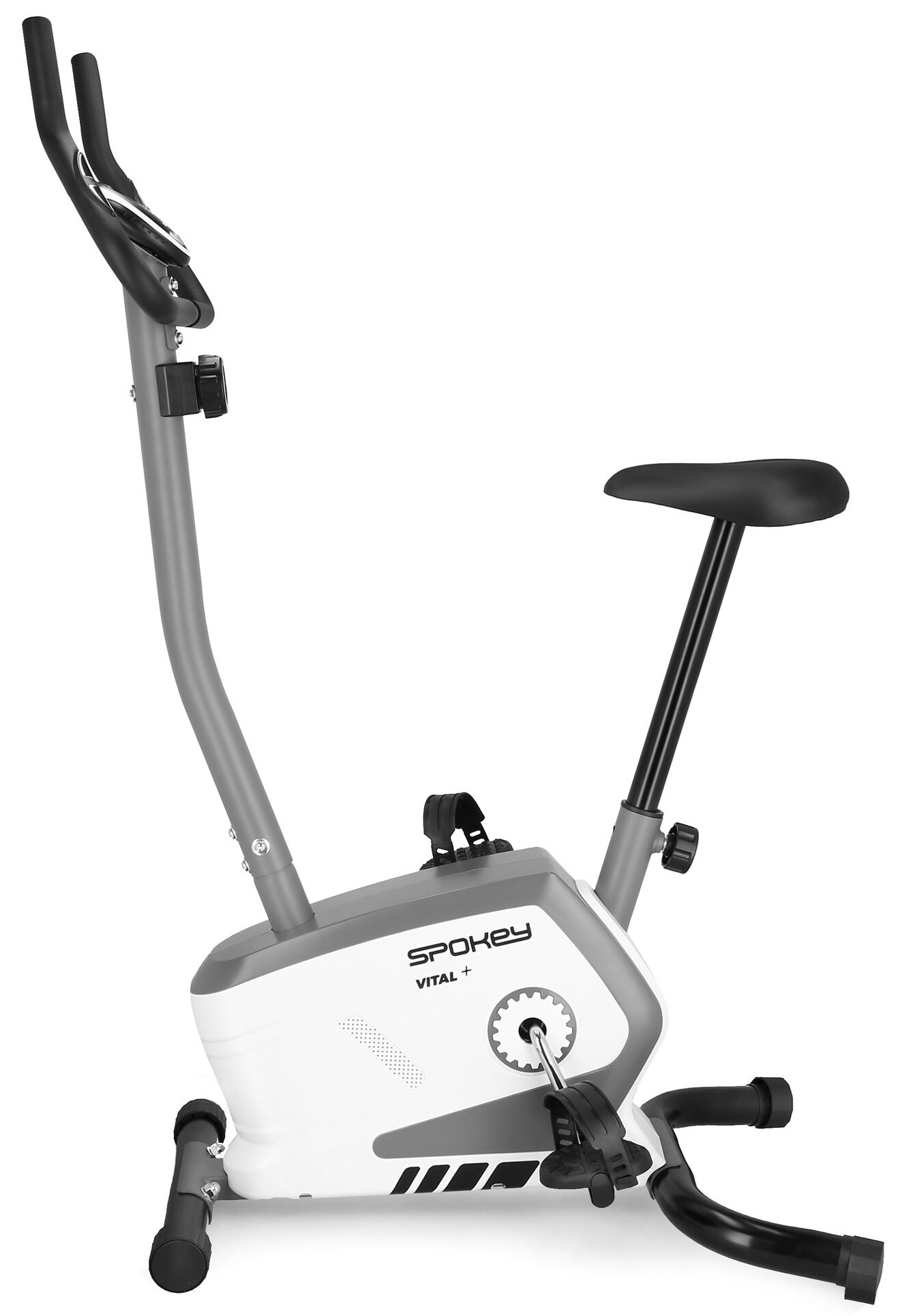 Rower stacjonarny. Biało-szara rama, czarne siodełko i kierownica, z nazwą marki.