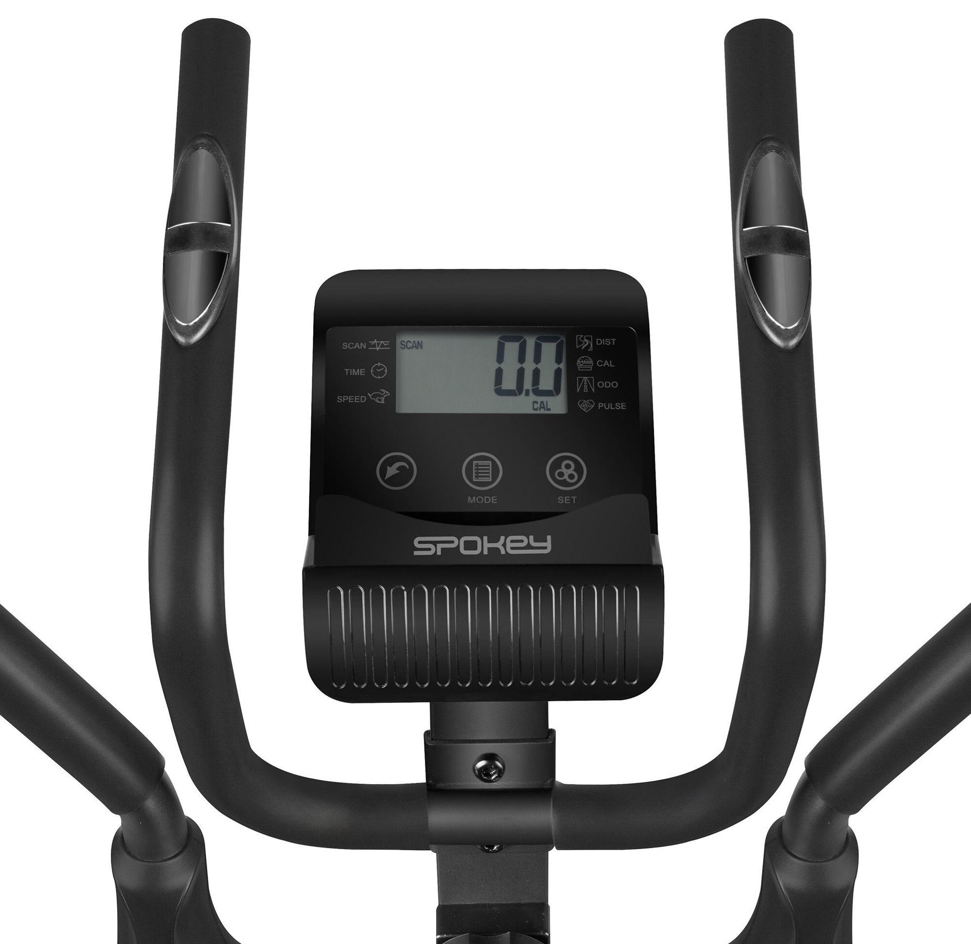 Konsola maszyny do ćwiczeń z wyświetlaczem i uchwytami.