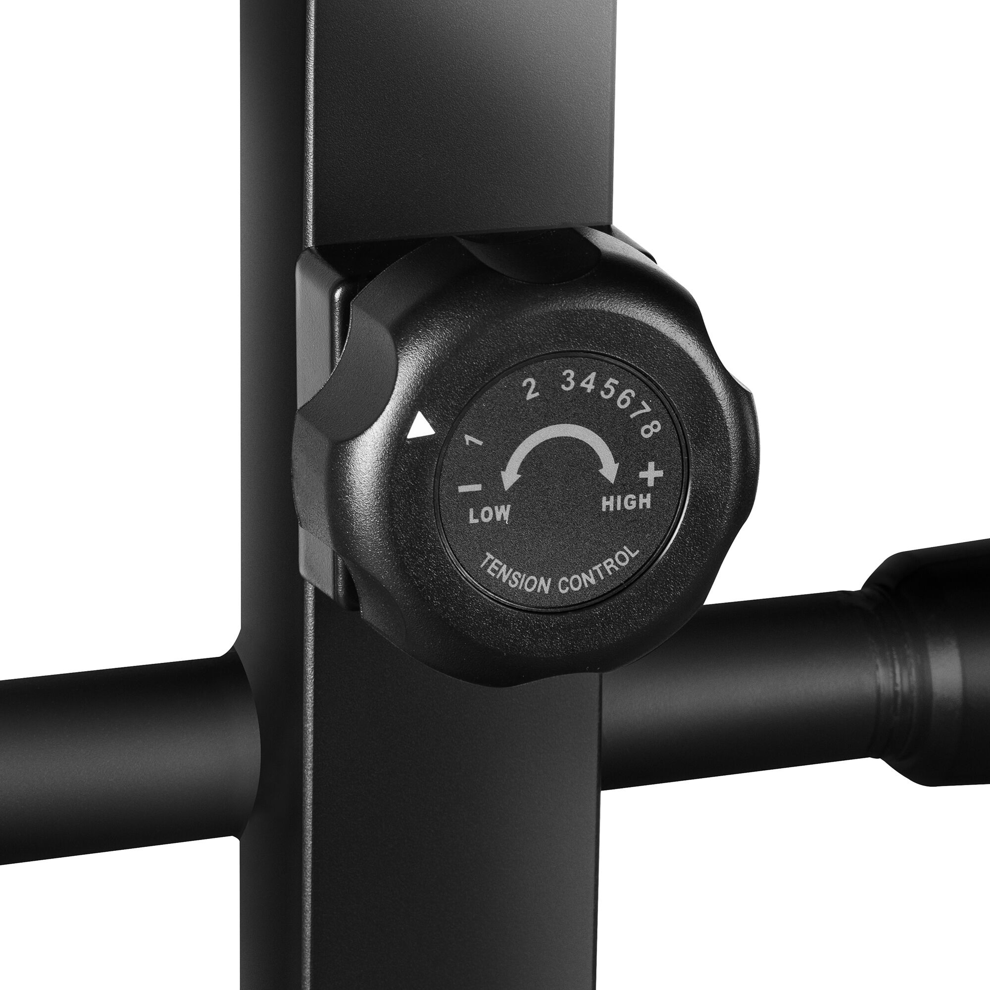 Czarny pokrętło z numerami i słowami 'Tension Control'. Jest częścią czarnej maszyny.