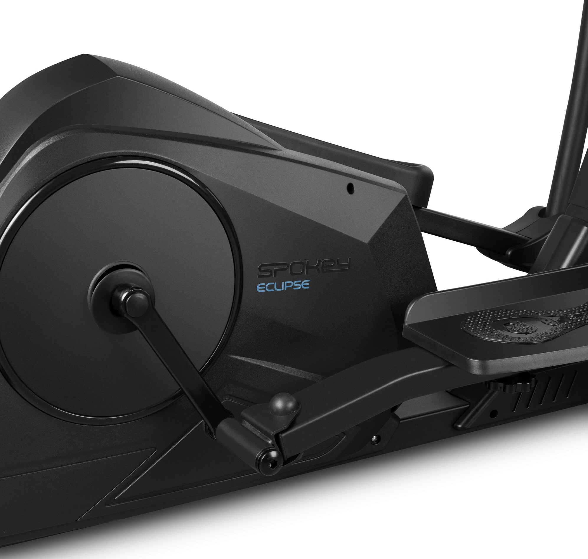 Czarny orbitrek Spokey Eclipse. Zbliżenie na mechanikę maszyny.