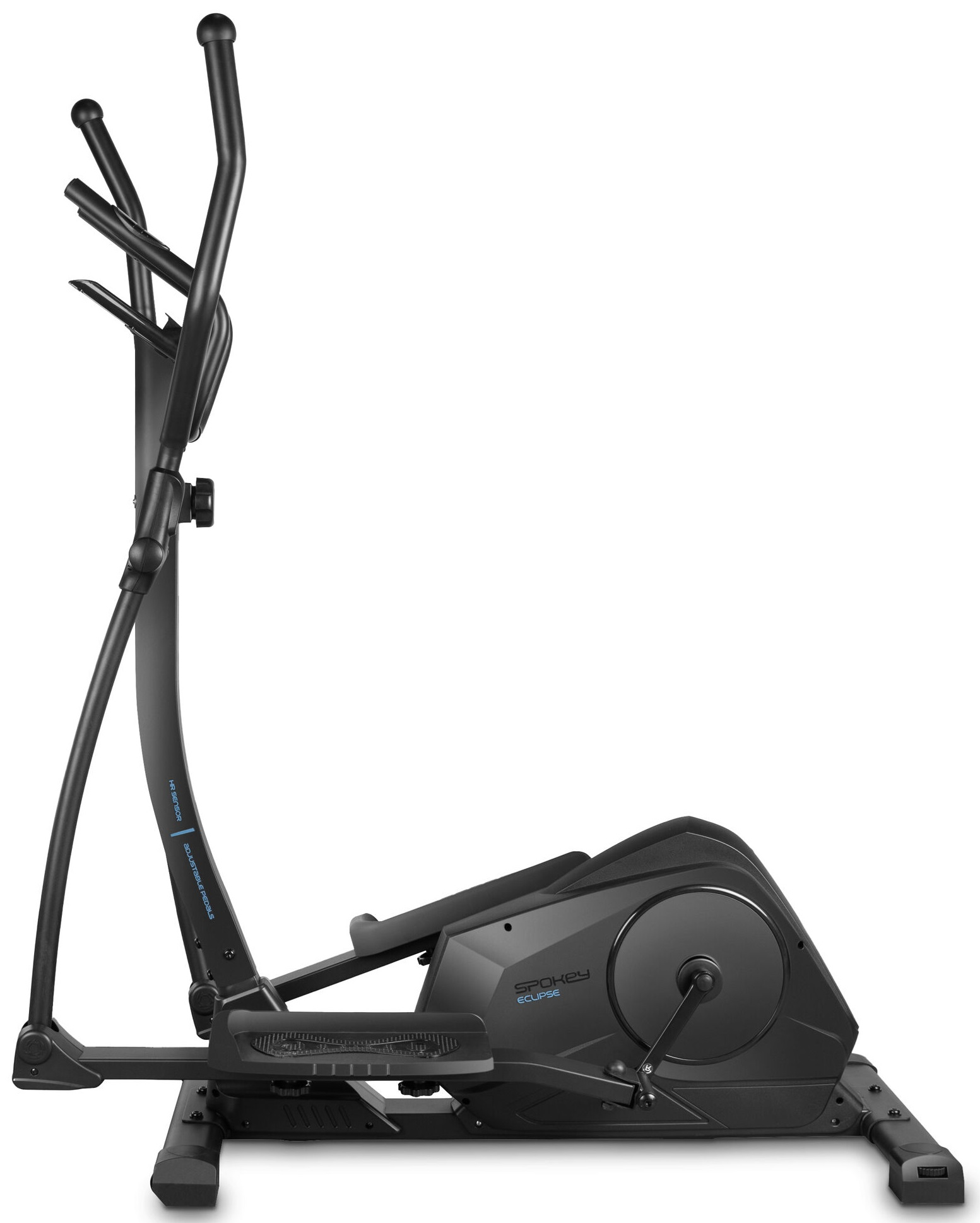 Czarny trenażer eliptyczny. Marka to Spokey. Posiada uchwyty, podnóżki i ekran LCD.