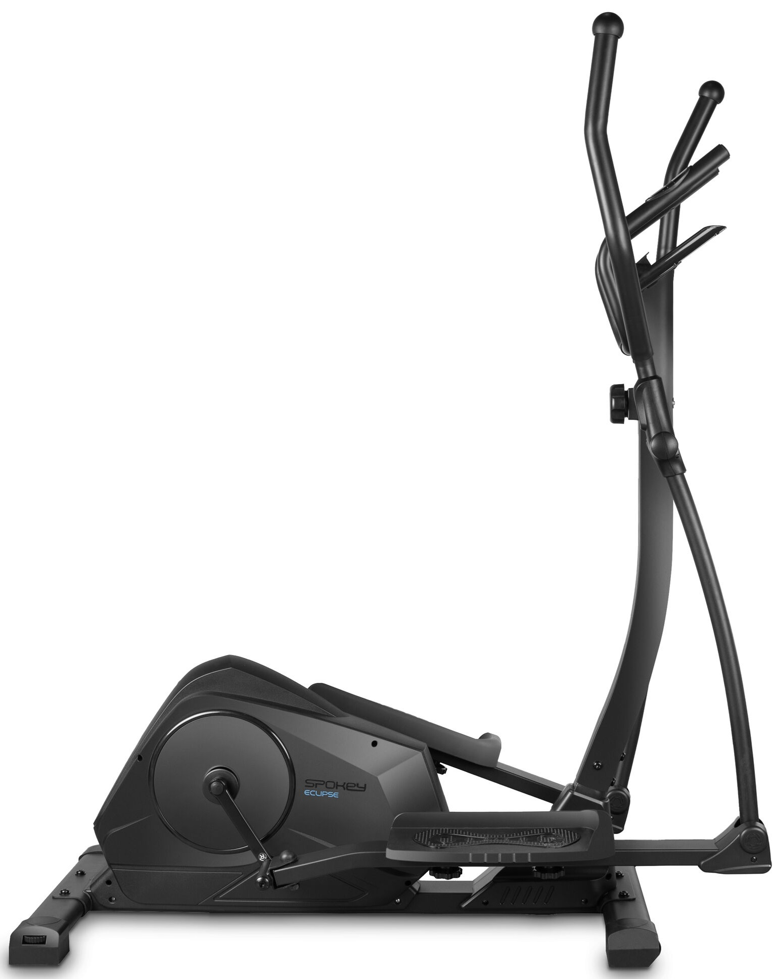 Czarna maszyna eliptyczna, widok z boku, na białym tle, do ćwiczeń.