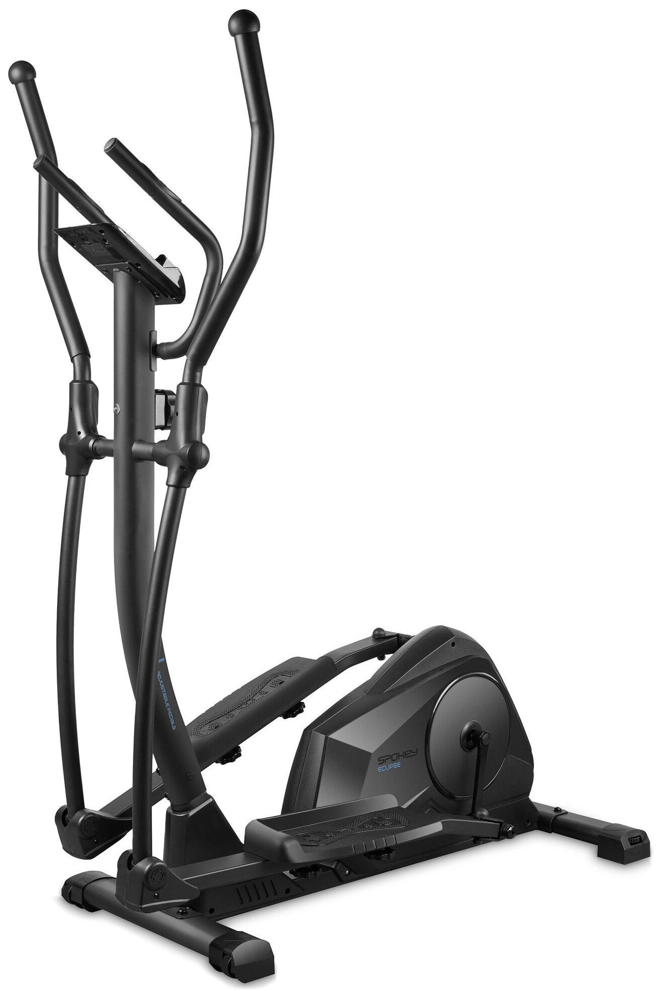Czarna maszyna eliptyczna na białym tle. Pokazuje kierownicę, podnóżki i panel sterowania.