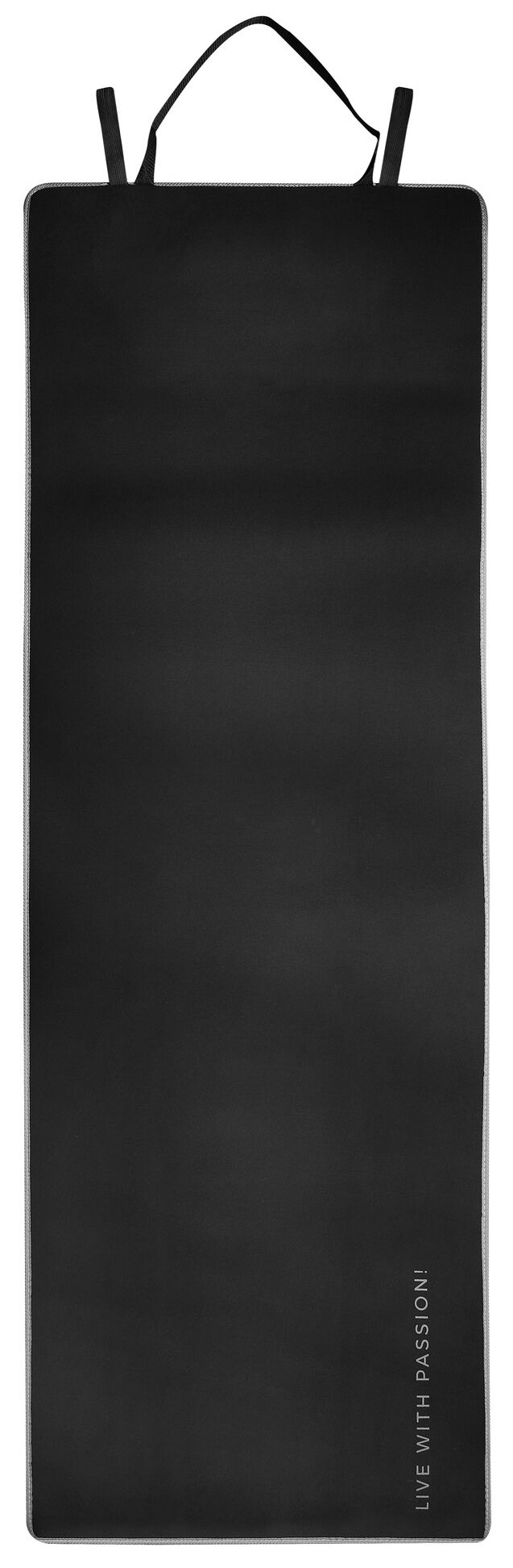 Czarna mata do jogi z uchwytem, białym obramowaniem i napisem 'LIVE WITH PASSION!'