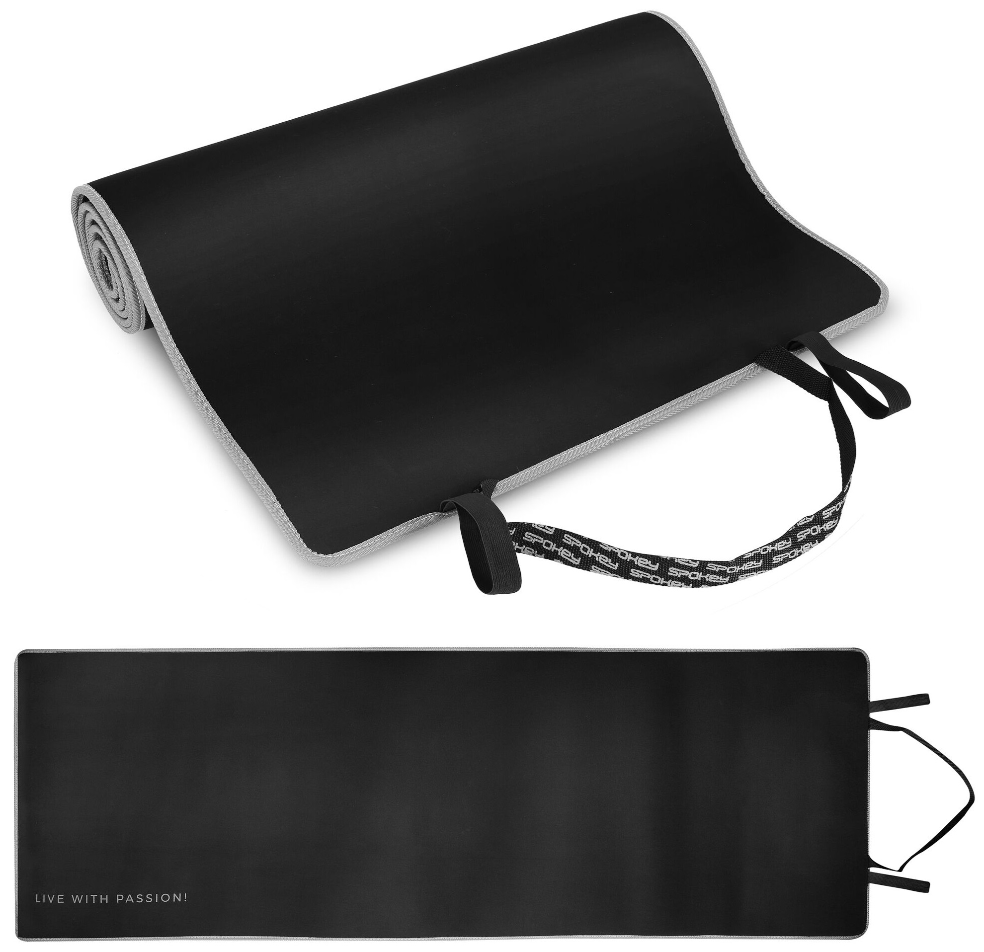 Czarna mata do jogi zwinięta i rozwinięta z paskami.