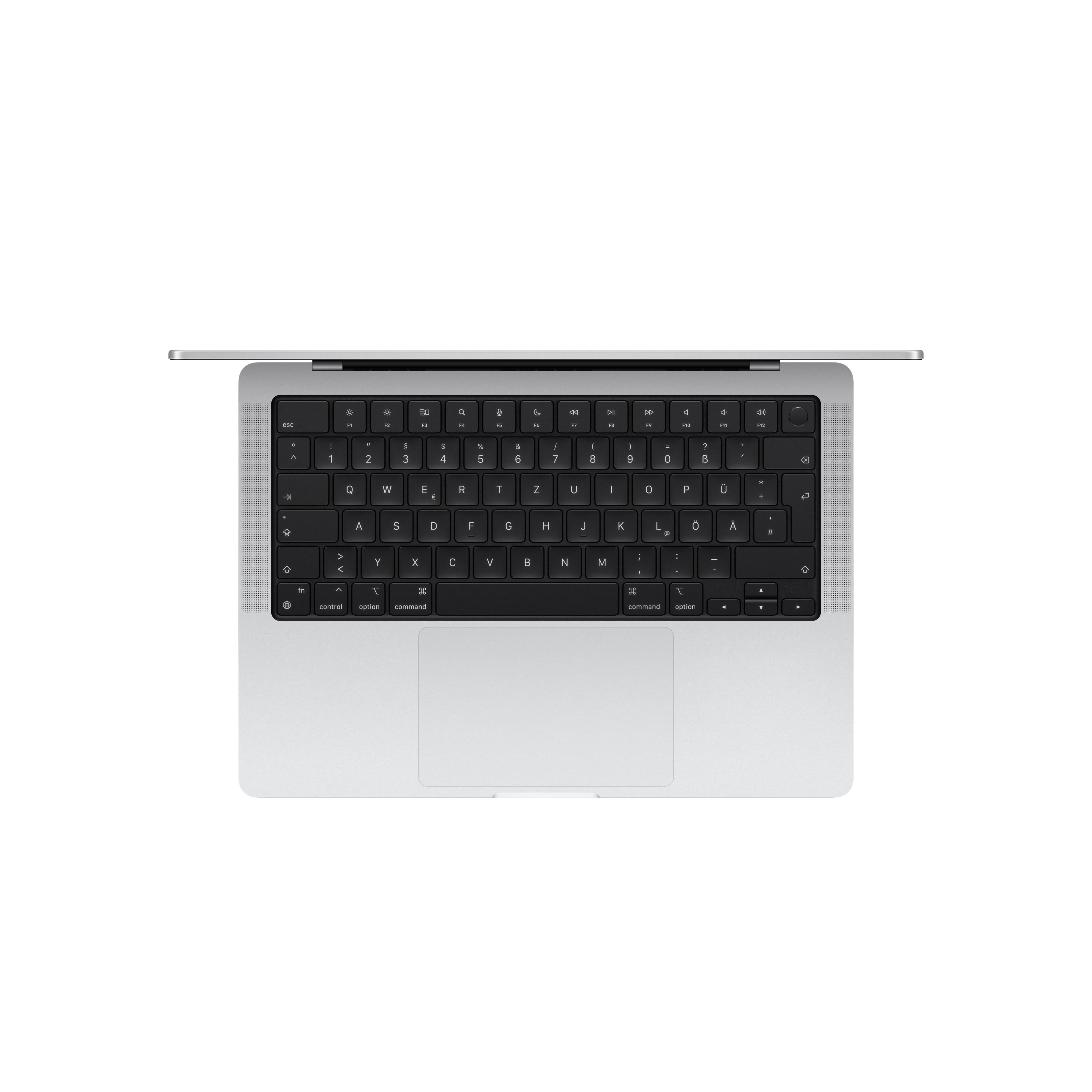 Eine Draufsicht zeigt einen silbernen Laptop mit geöffneter Tastatur.