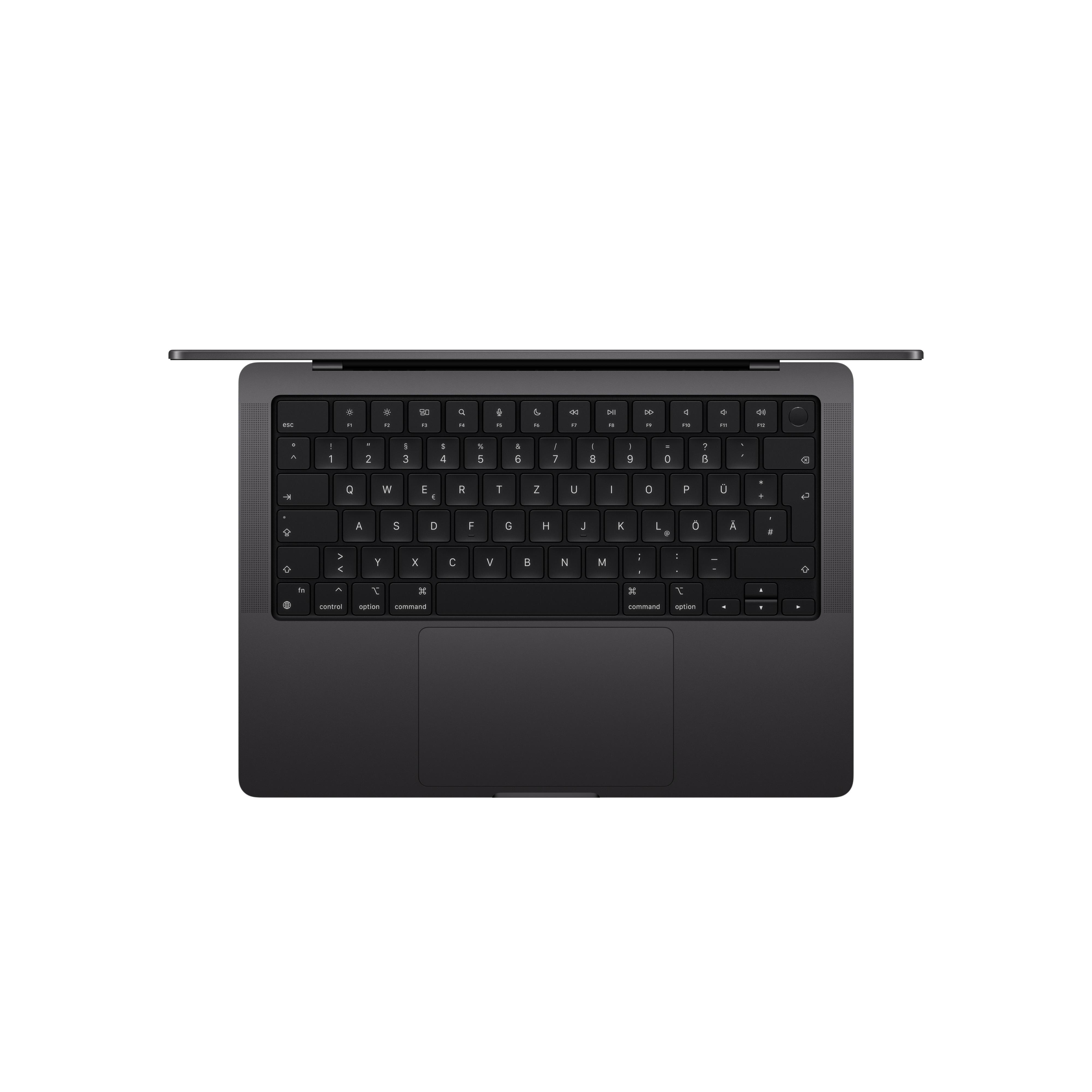 Nahaufnahme von oben auf eine schwarze MacBook Pro Tastatur und ein Touchpad, wobei die Tasten sichtbar sind.