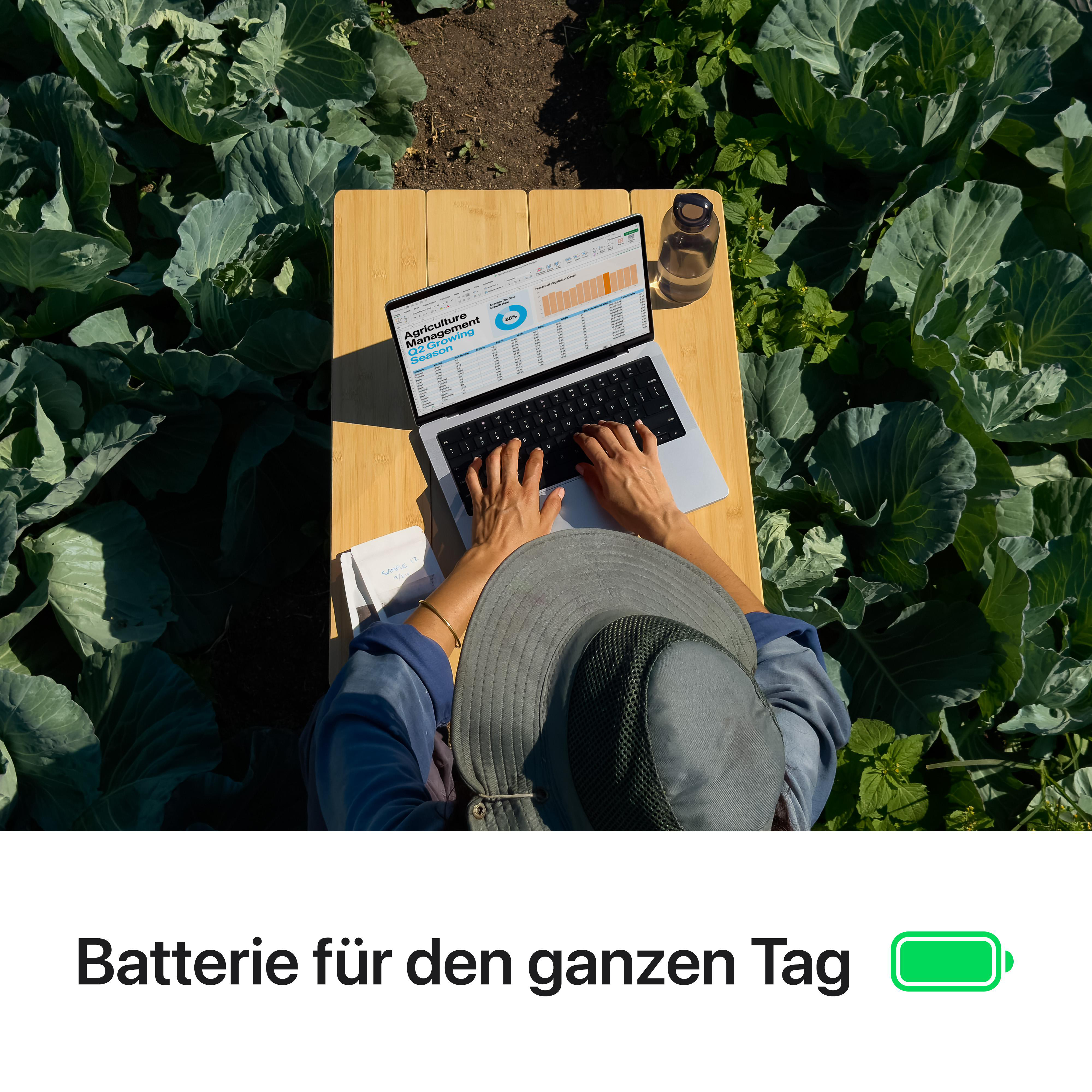 Person, die draußen an einem Laptop arbeitet. Der Laptop steht auf einem Holztisch mit Kohl drumherum.
