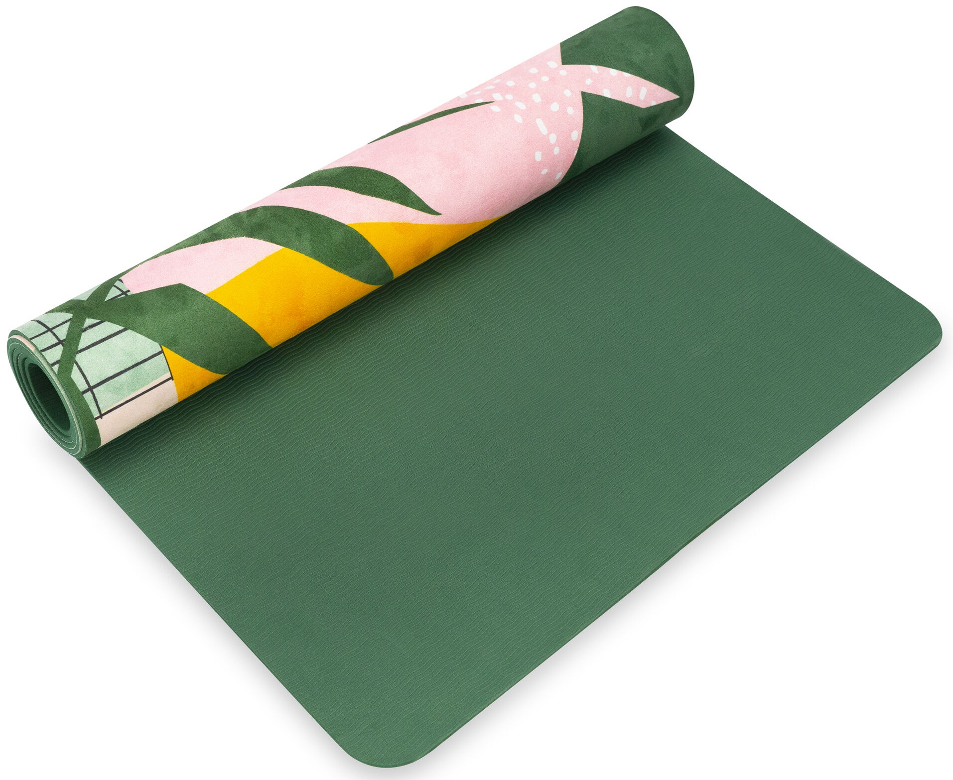 Zrolowana mata do jogi, z zieloną podstawą i wzorzystym wierzchem z liśćmi i kształtami.