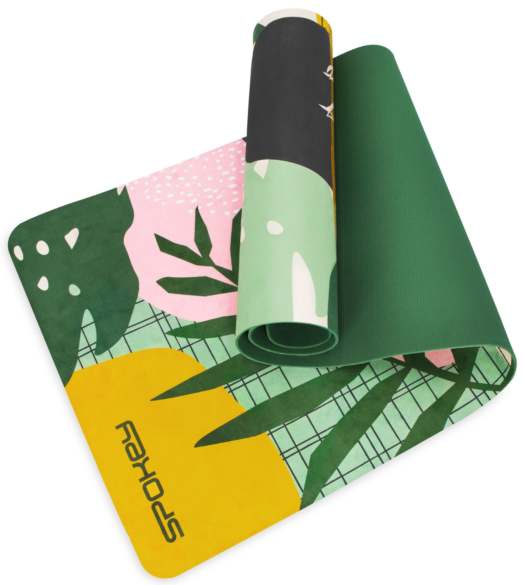 Mata do jogi zwinięta, z kolorowym wzorem. Mata jest częściowo rozwinięta.