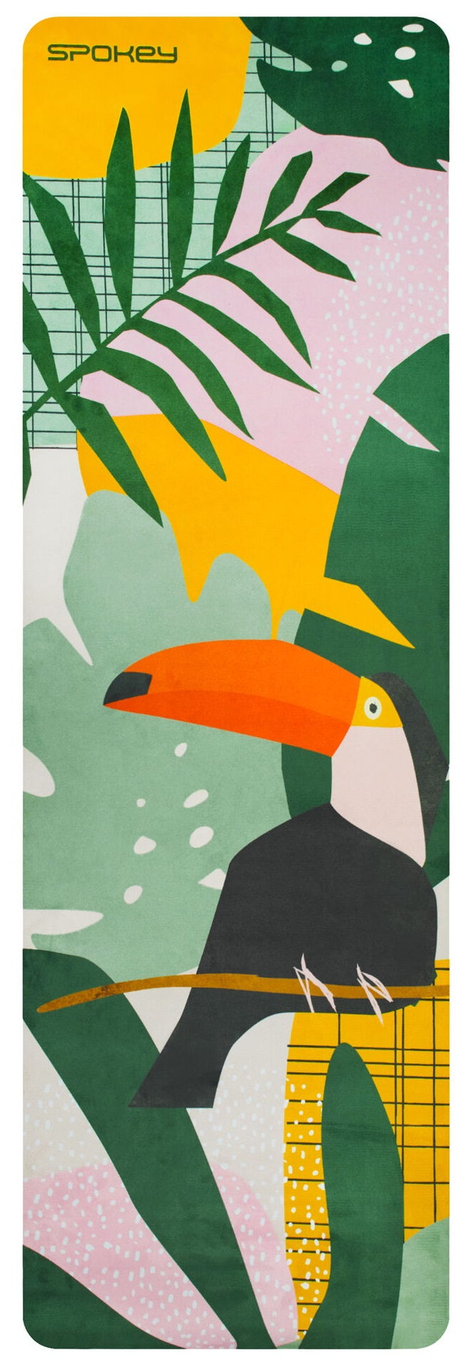 Mata do jogi z tukanem i tropikalnym wzorem liści, zielony i żółty.