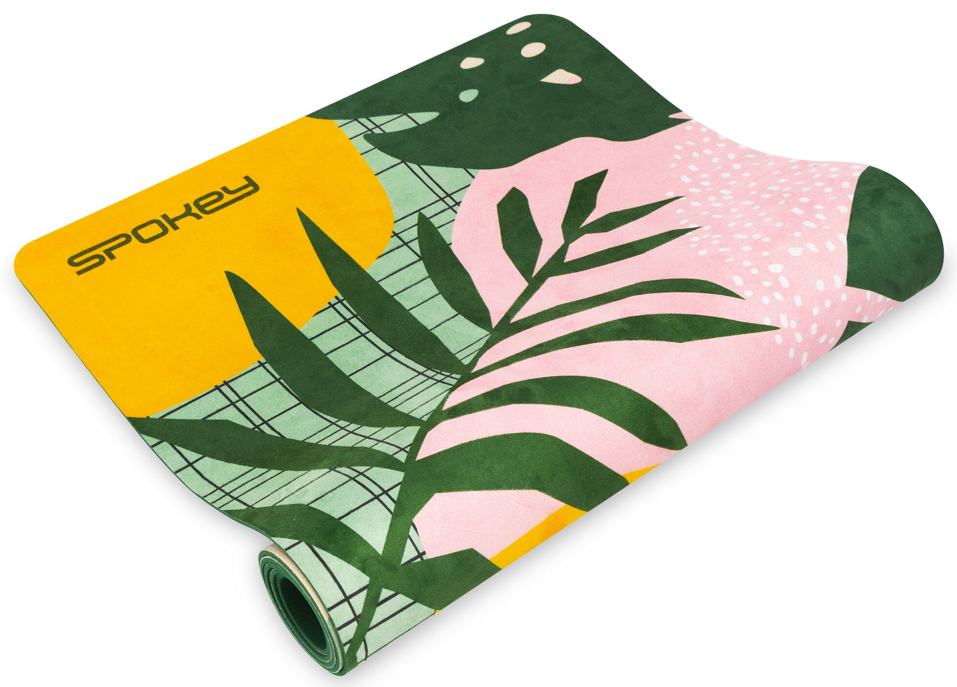 Mata do jogi z kolorowym abstrakcyjnym wzorem. Zawiera zielone, żółte i różowe kształty na białym tle.