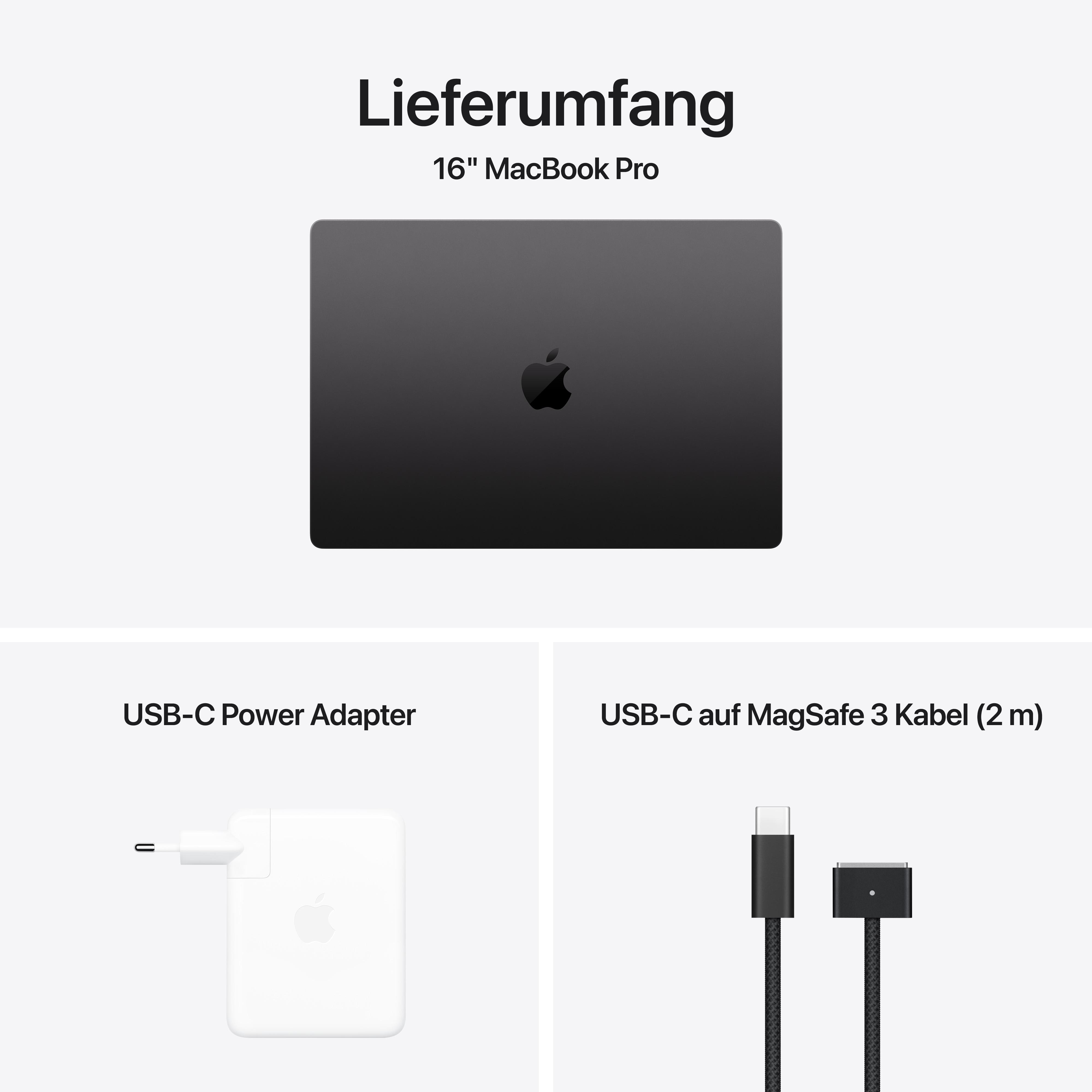 Draufsicht auf ein 16" MacBook Pro mit Netzteil und USB-C-auf-MagSafe-3-Kabel.