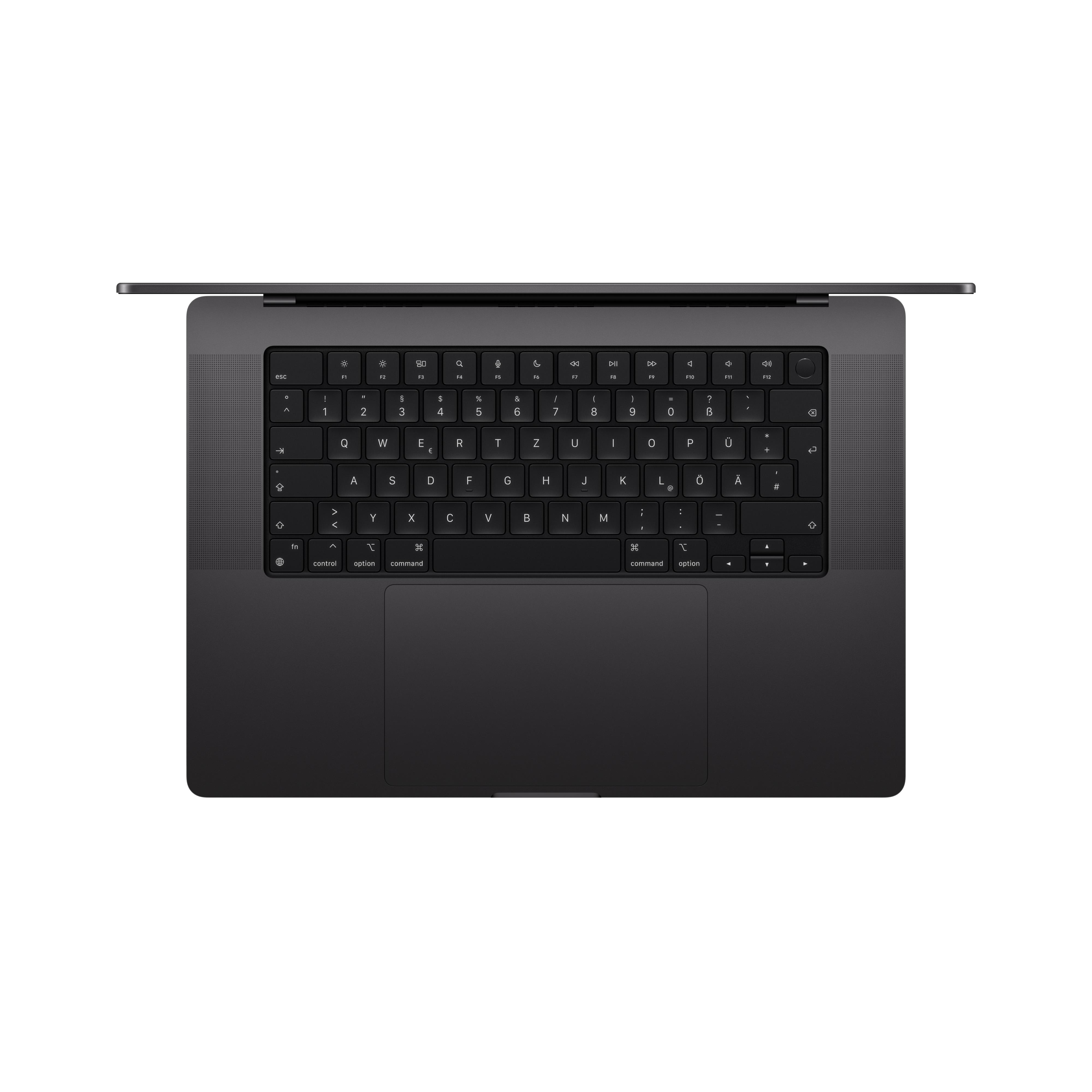 Eine Draufsicht auf eine schwarze Laptop-Tastatur und ein Trackpad.