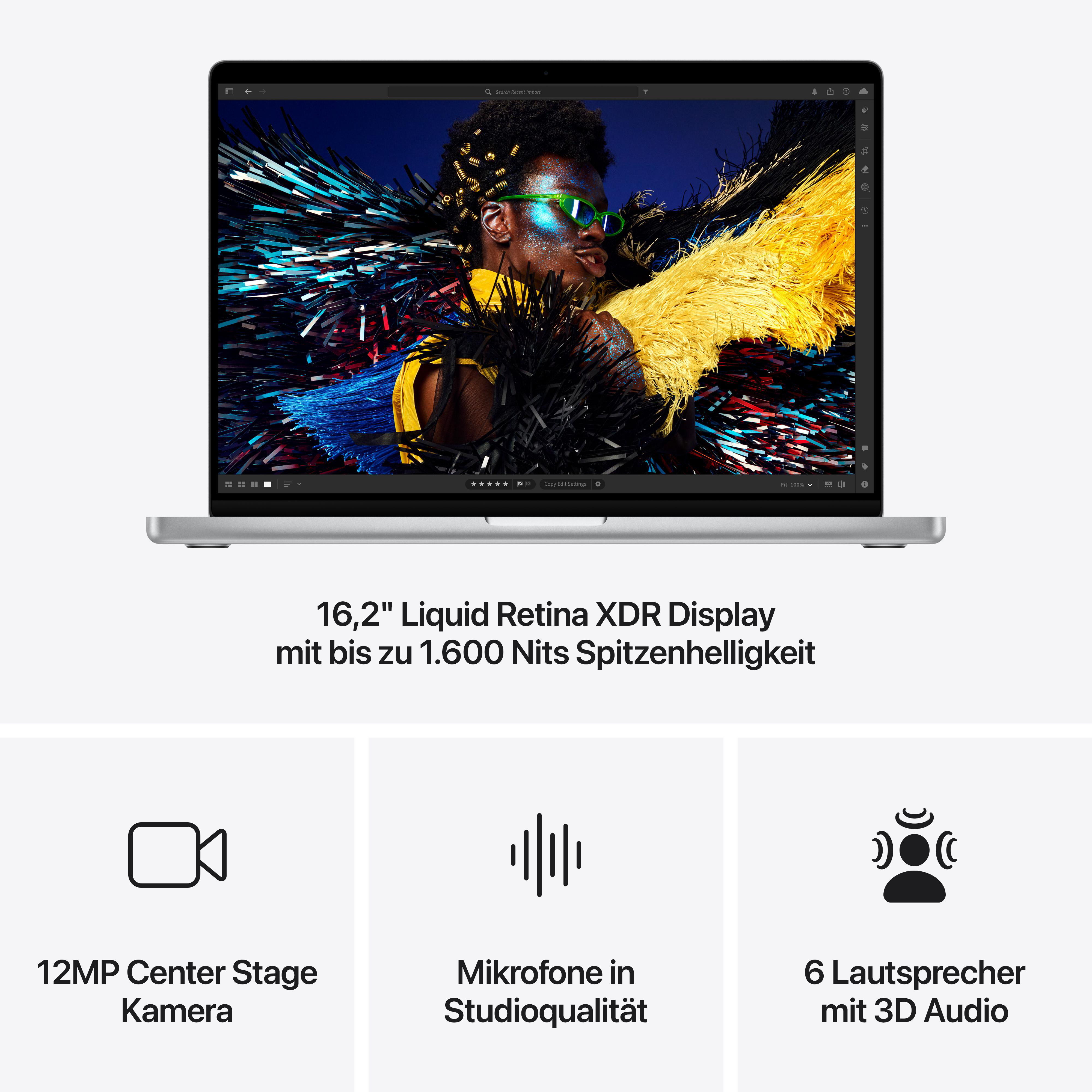 Laptop geöffnet, zeigt eine Person auf dem Bildschirm. Darunter Kamera-, Mikrofon- und Lautsprechersymbole.