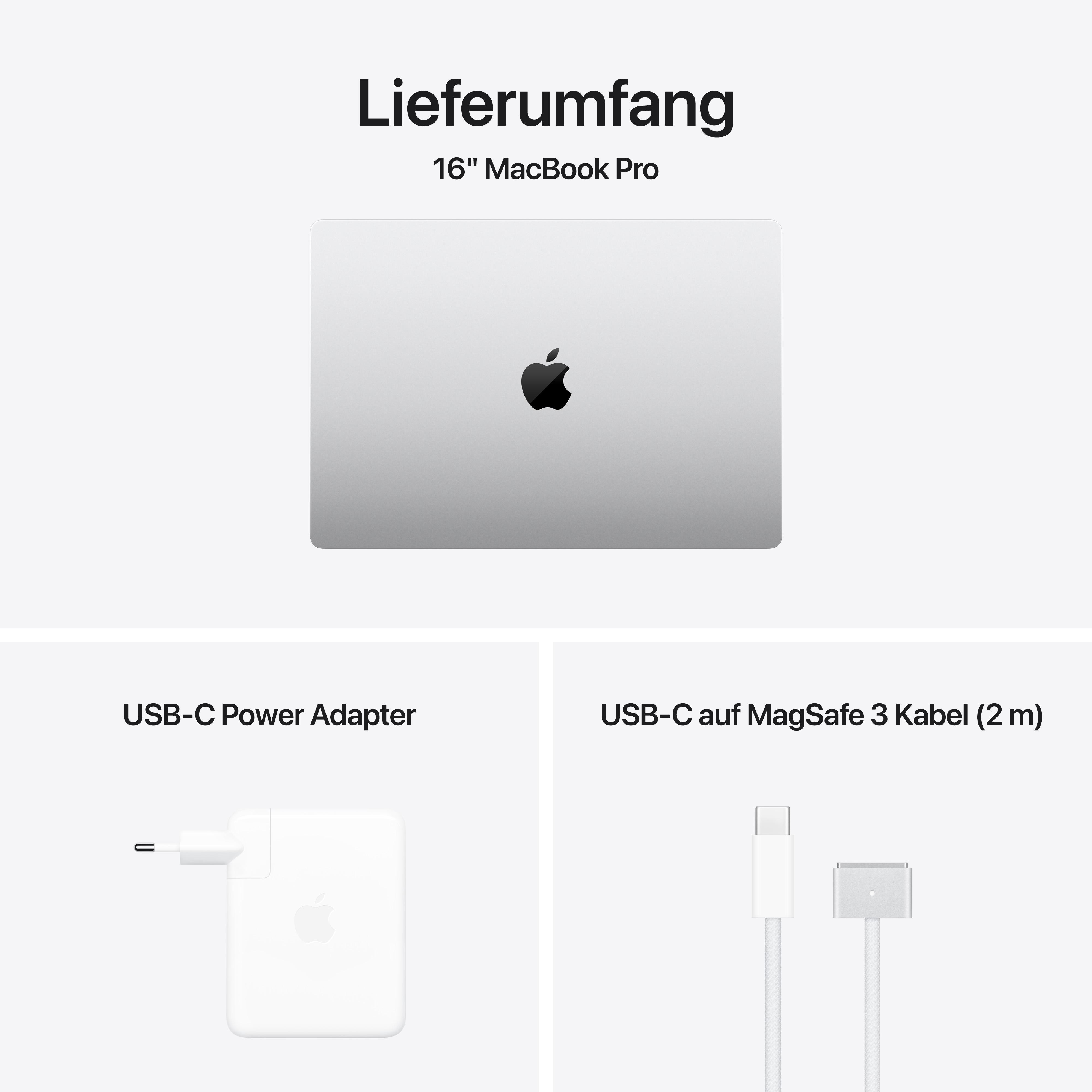 Ein MacBook Pro, ein Netzteil und ein Ladekabel werden auf einer weißen Oberfläche angezeigt.