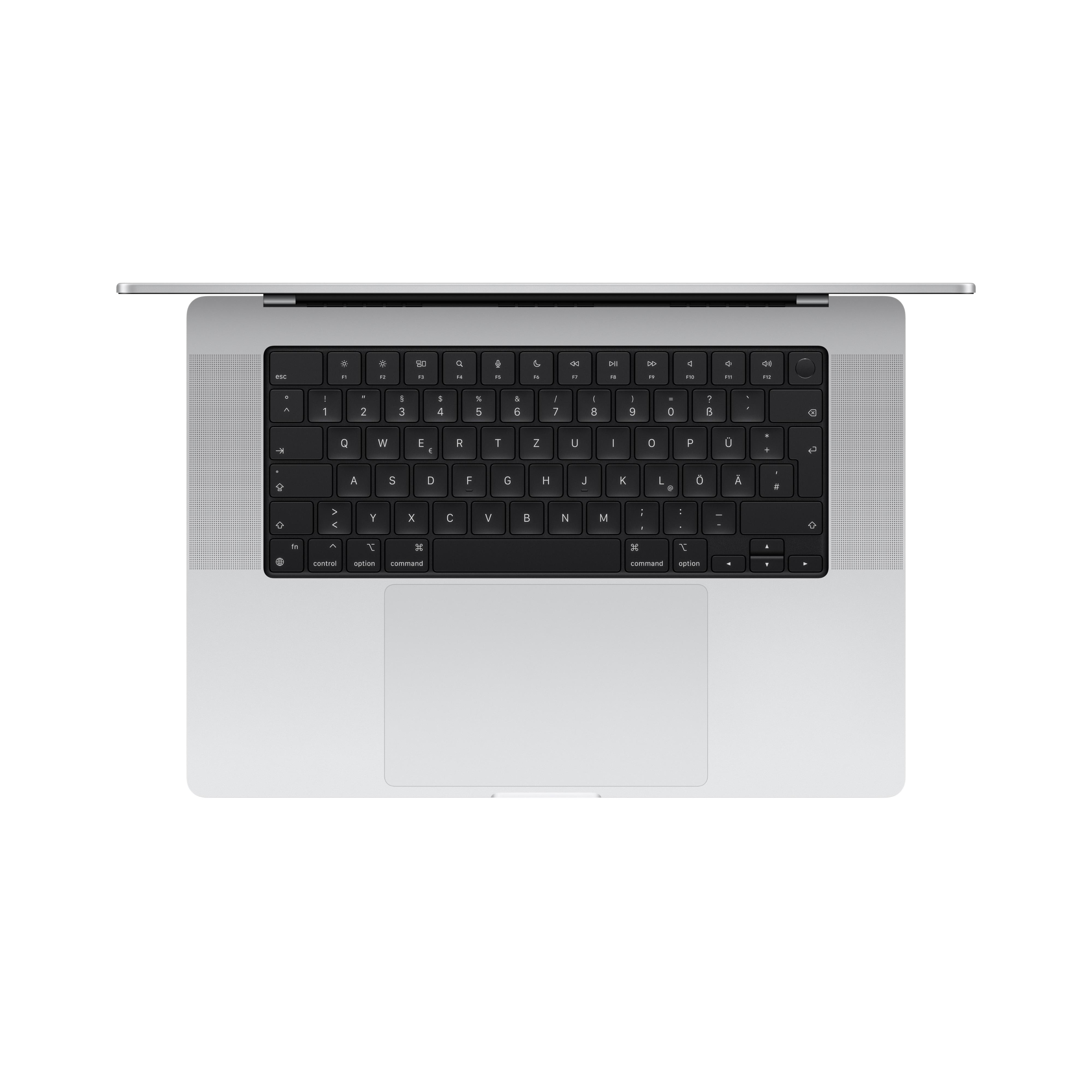 Draufsicht auf eine silberne MacBook-Tastatur mit geöffnetem Bildschirm. Das Trackpad ist sichtbar.