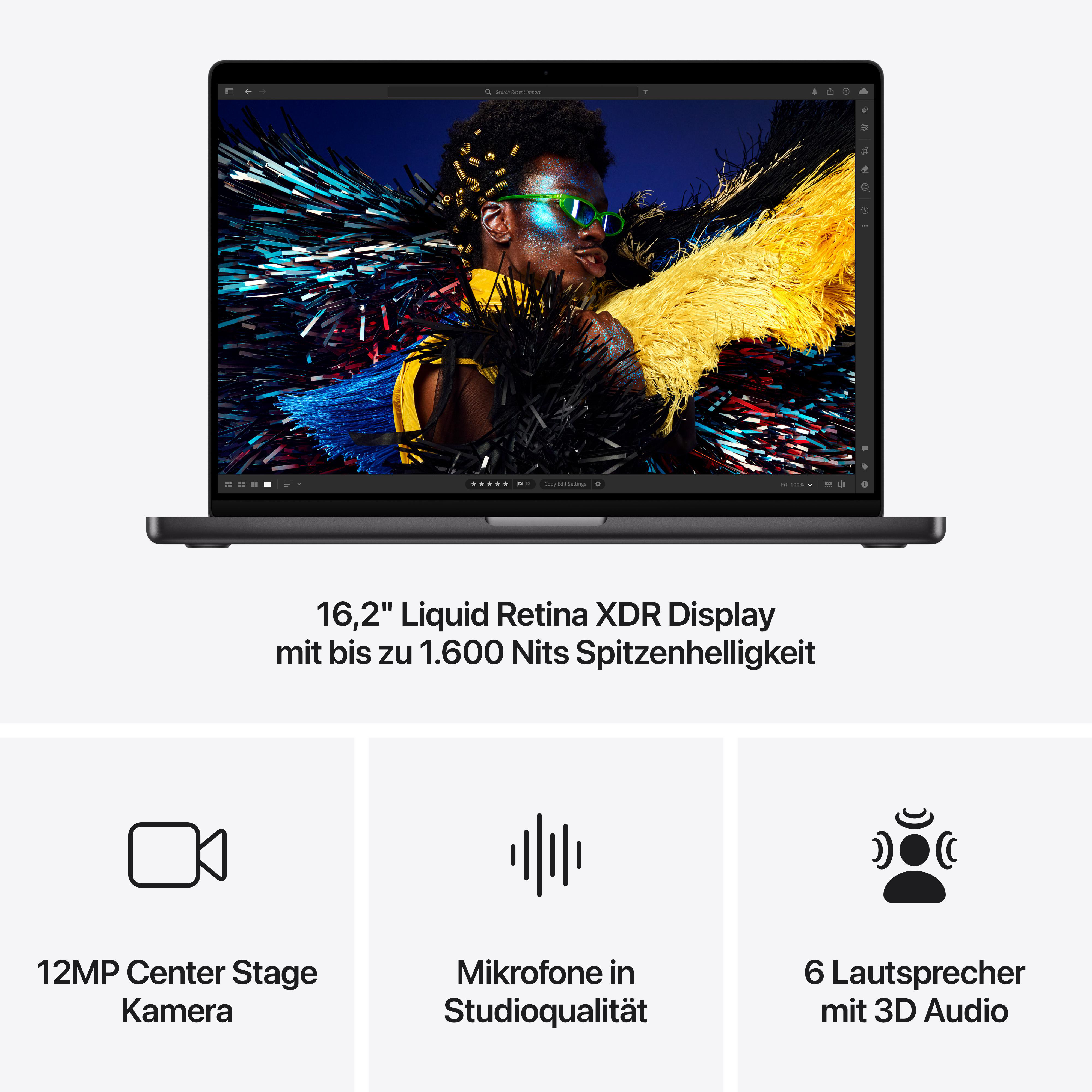 Ein Laptop zeigt ein farbenfrohes Bild. Text und Symbole befinden sich darunter.