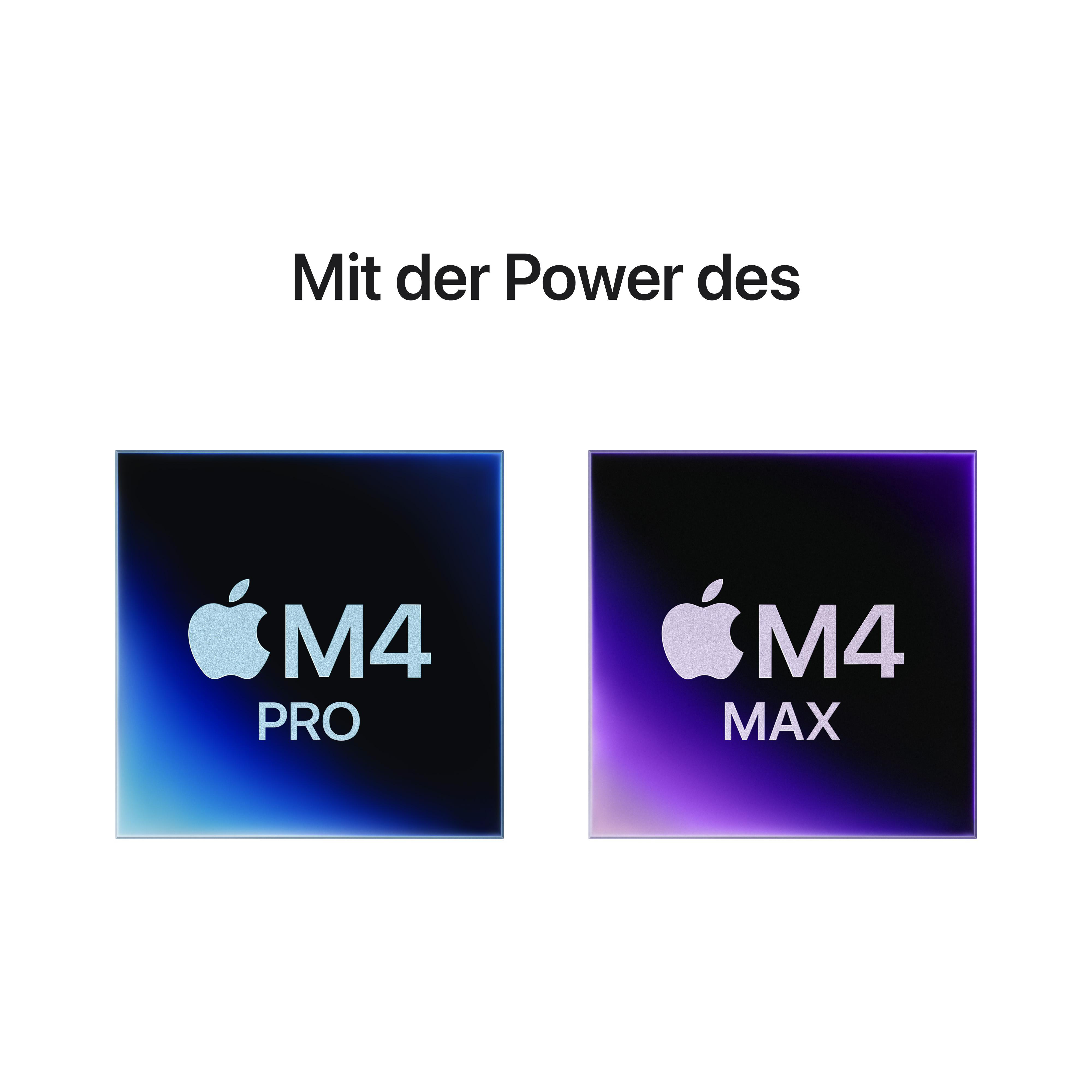 Zwei Apple M4-Chips. Einer mit PRO beschriftet, der andere MAX, beide in Blau- und Lilatönen.
