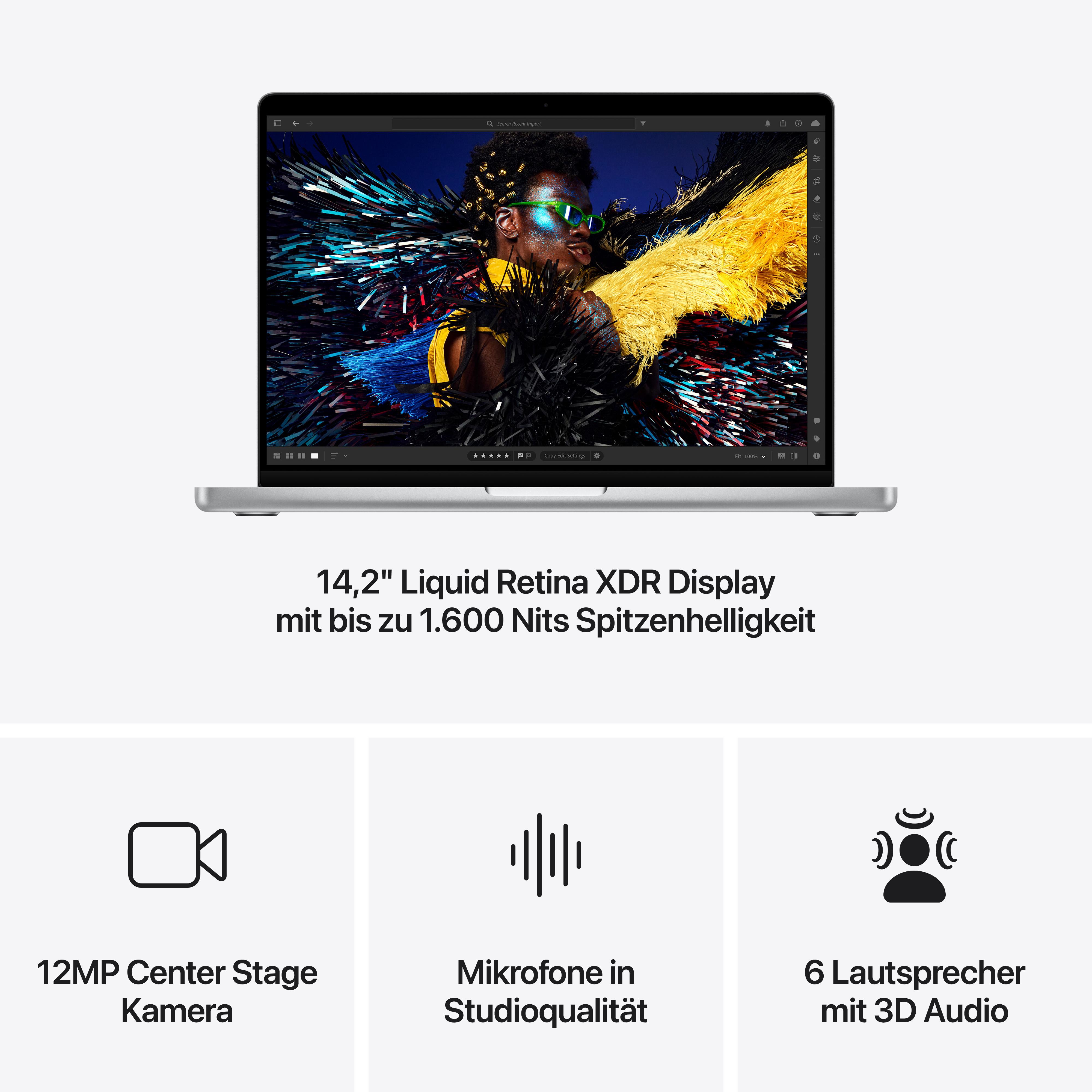 Laptop mit farbenfroher Anzeige. Darunter Symbole und Text: Kamera, Mikrofone und Lautsprecher.