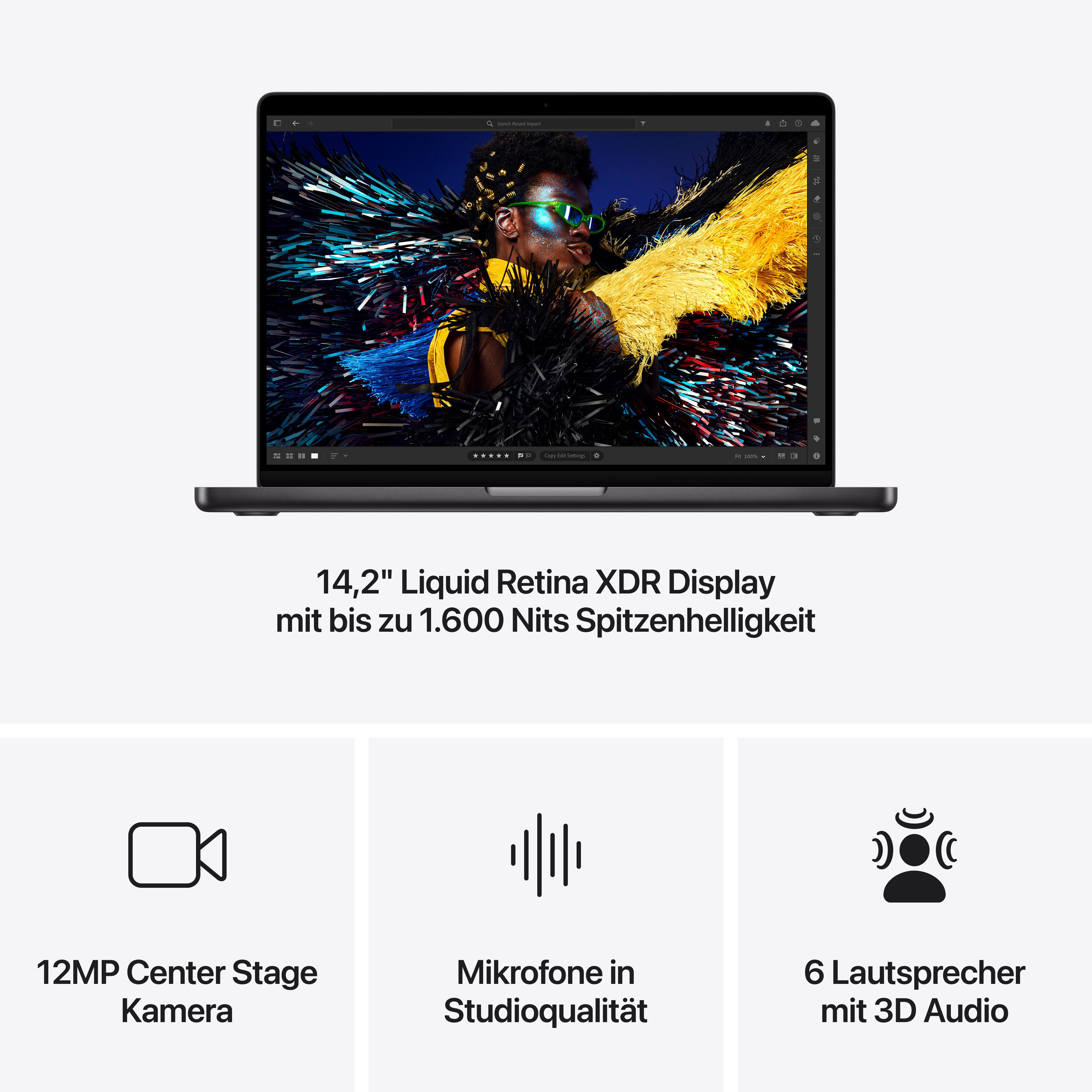 Laptop mit farbenfrohem Display. Details umfassen Kamera, Mikrofone und Lautsprecher.