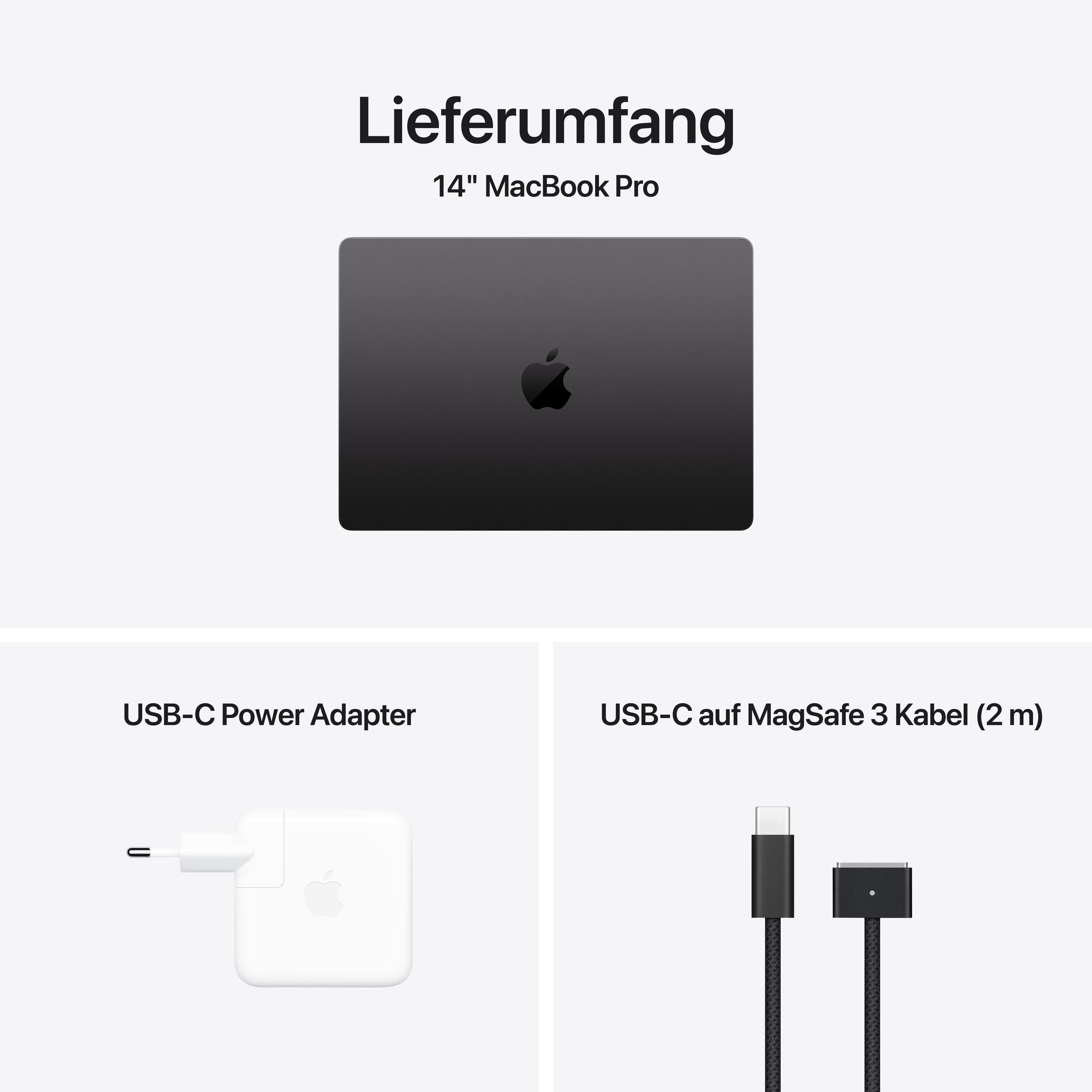 Ein schwarzes Laptop mit Apple-Logo und zwei Zubehörteile auf weißem Hintergrund.