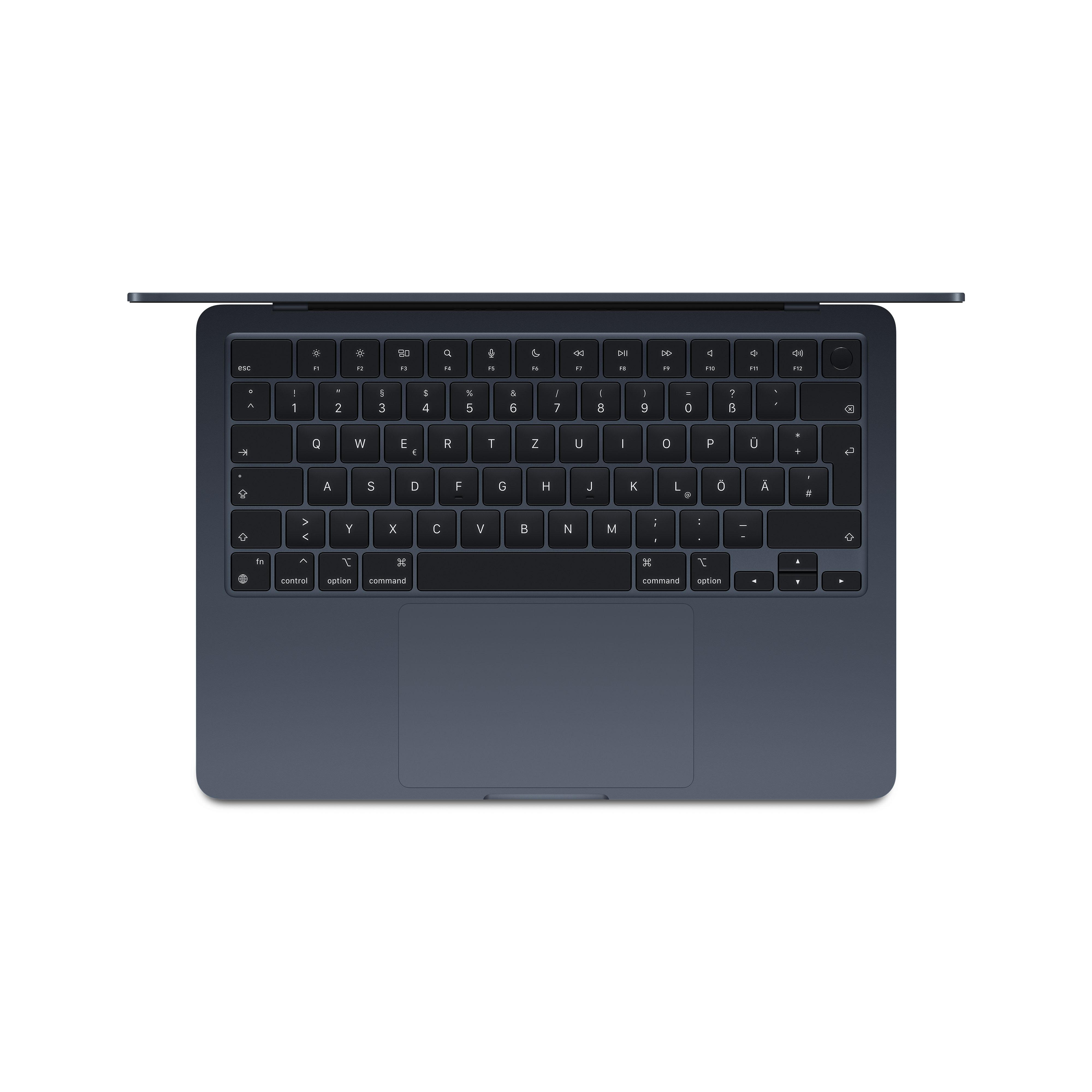 Eine Laptop-Tastatur mit den Tasten. Die Tastatur ist dunkelblau, mit einem Trackpad unten.