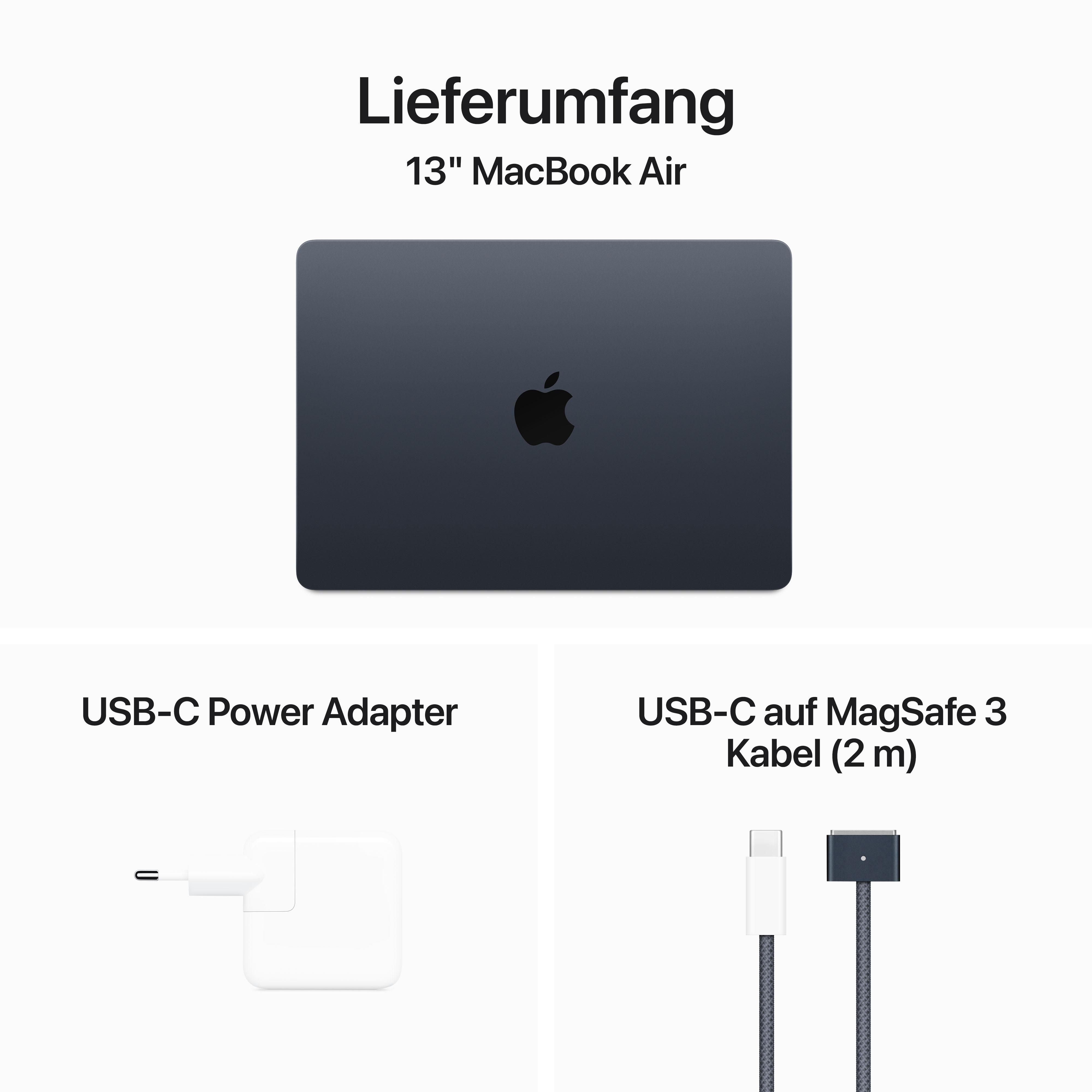 13" MacBook Air mit Zubehör: Netzteil und USB-C-auf-MagSafe-3-Kabel, auf weißem Hintergrund.