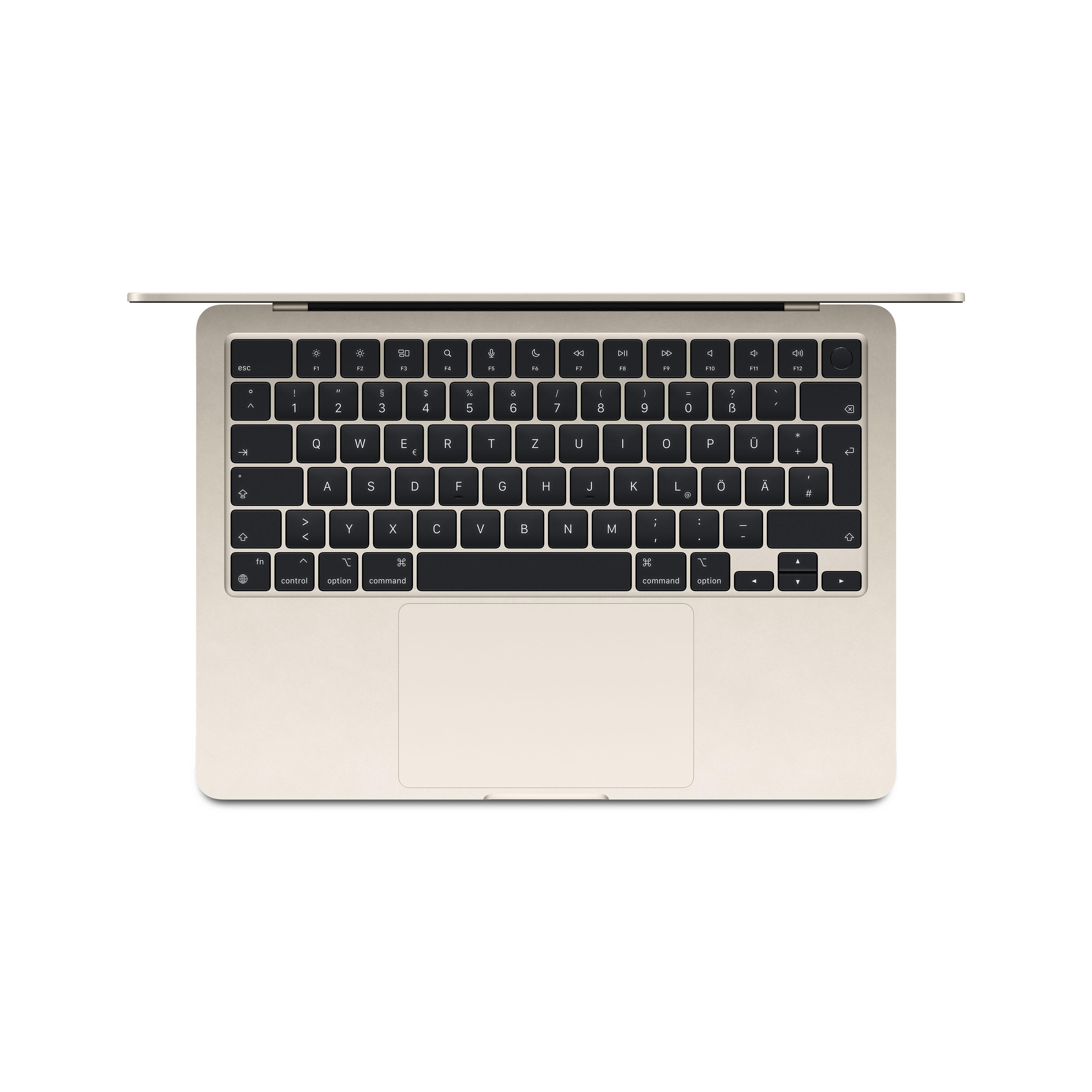 Laptop, Draufsicht, geöffnet mit sichtbarer Tastatur. Beige Farbe, schwarze Tasten, weißer Hintergrund.