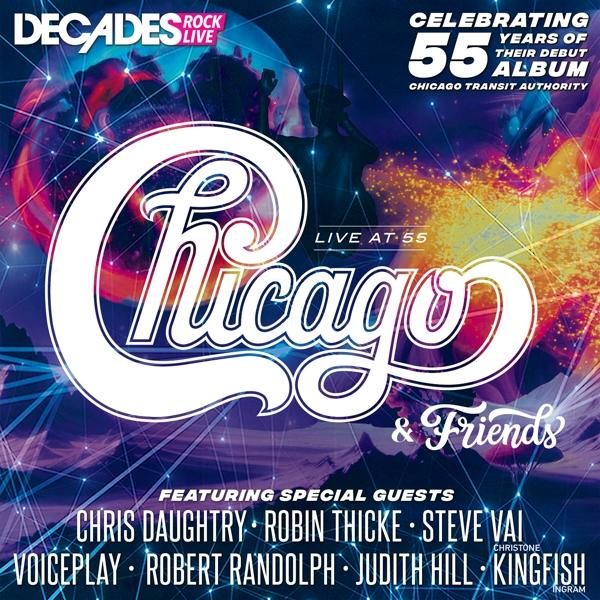 Albumcover: Chicago-Bandlogo, Text: Feiert 55 Jahre ihres Debütalbums, mit Special Guests.