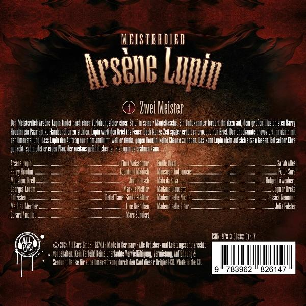 Buchcover für Arsène Lupin, mit Text, Hintergrund und einer Liste von Kapiteltiteln und Autoren.