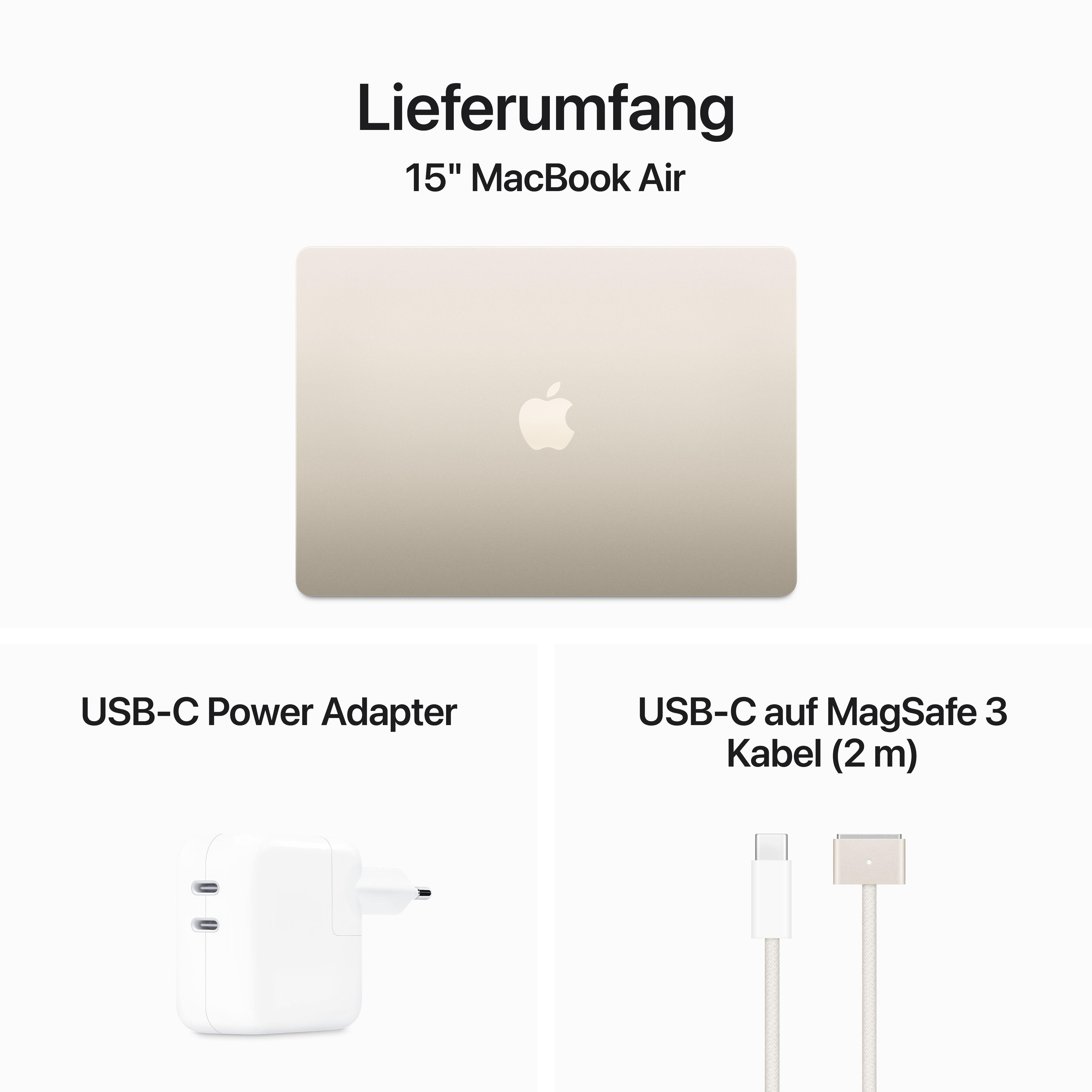 15" MacBook Air mit USB-C-Netzteil und USB-C-zu-MagSafe-3-Kabel.