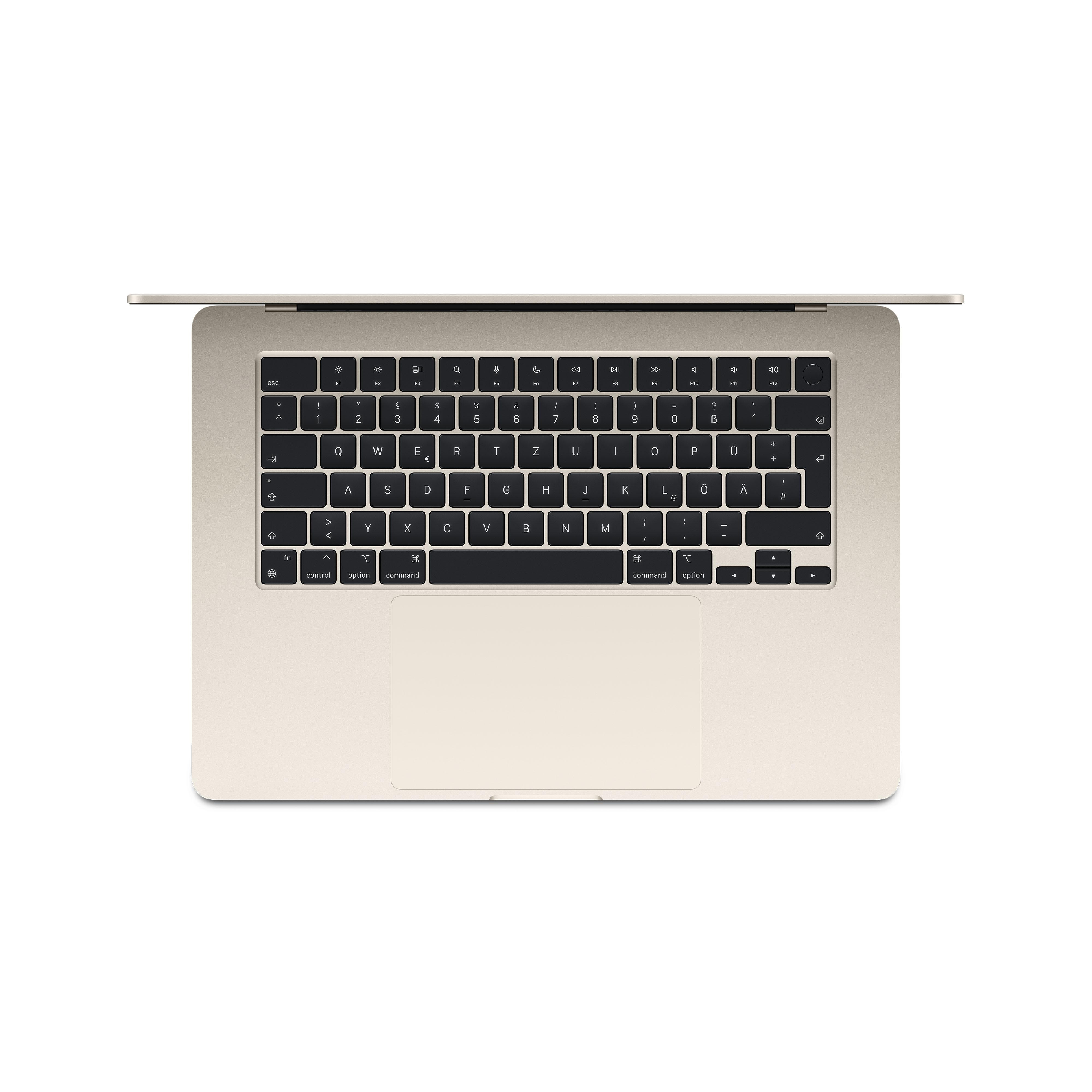 Laptop-Tastatur von oben. Beige Farbe mit schwarzen Tasten und Trackpad.