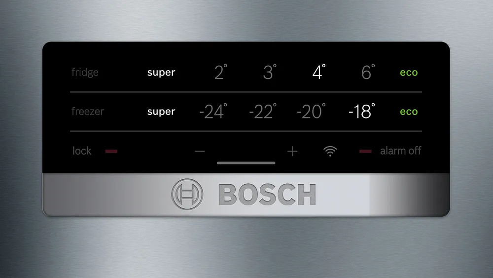 Panel sterowania lodówki Bosch wyświetlający ustawienia temperatury i inne opcje.
