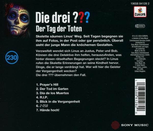 CD-Cover mit Totenkopf-Kunst und Text 'Die drei ??? - Der Tag der Toten' und Titelliste.