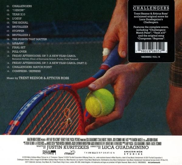 Rückseite der CD des Filmsoundtracks mit Titelliste, Credits und Tennis-Szene.