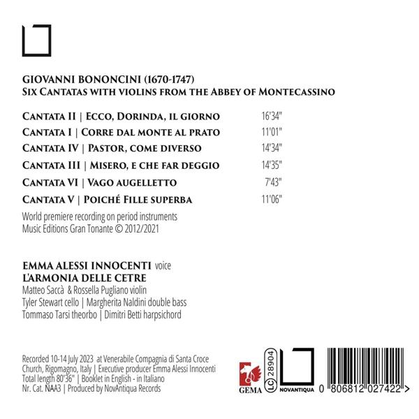 Albumcover mit Text und Noten. Text: Giovanni Bononcini, Six Cantatas with Violins.