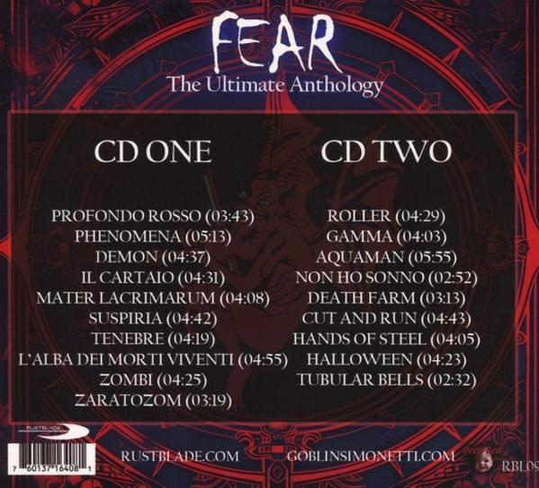 CD-Cover mit Songtiteln. Fear-Logo oben. Rotes, schwarzes und weißes Design. Zwei Textspalten.