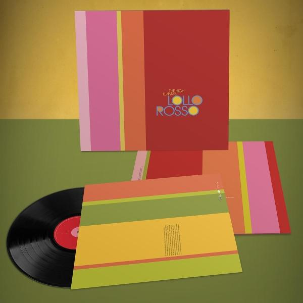 Vinyl Schallplatte und Hülle. Die Hülle hat farbige Streifen, der Text lautet 'The High Llamas Lollo Rosso'.