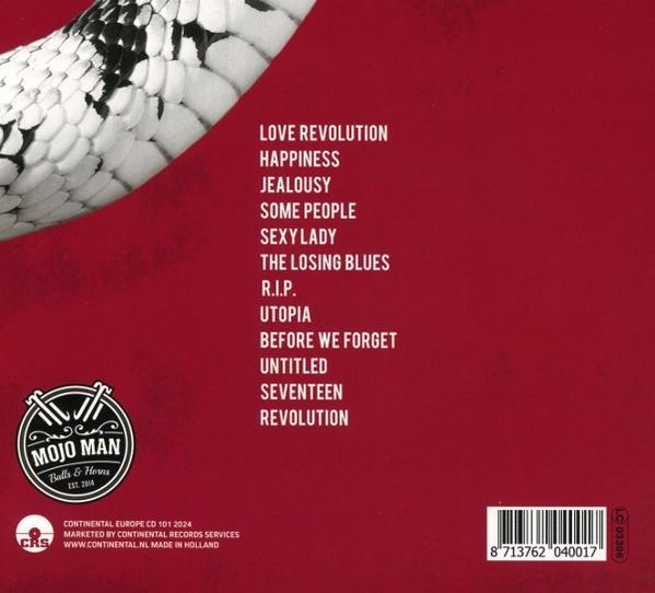 Ein CD-Cover mit einem weißen Schlangenhautmuster. Der Text auf rotem Hintergrund umfasst Titel und ein Logo.