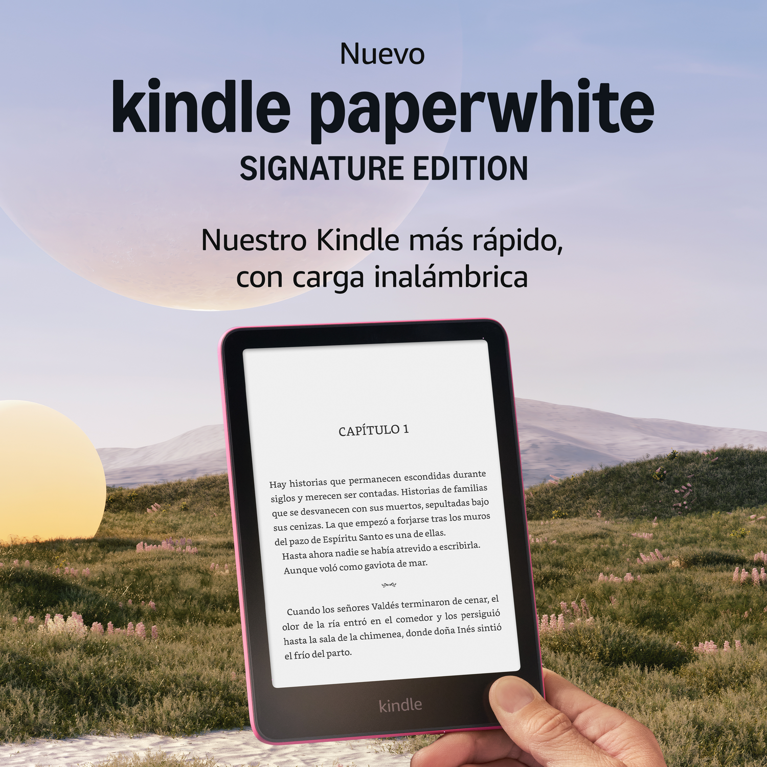 Un Kindle Paperwhite rosa muestra texto. Una mano lo sostiene en un campo. Título: Kindle Paperwhite Signature Edition.